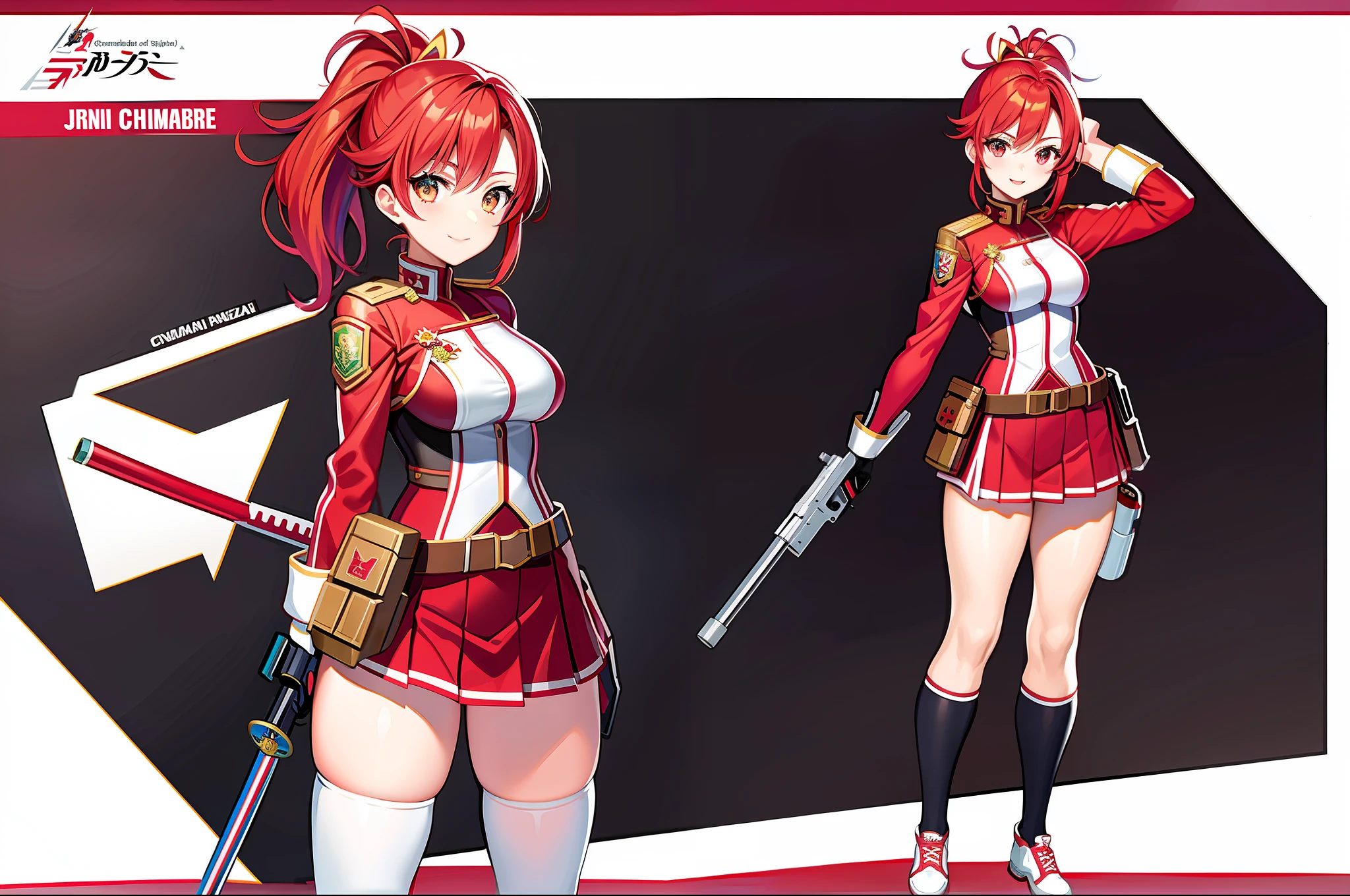 masterpiece,(best quality),anime girl in a red and white uniform with a gun, cushart krenz, female protagonist 👀 :8, cushart kenz, female magical anime. , sakura kinomoto, anime style character, anime character design, female anime character, katana zero video game character, sakura haruno, fullbody, ponytail, magicalgirl, jacket over uniform,red hair, ribbon on chest, fullbody, skirt( ( character concept art ) )