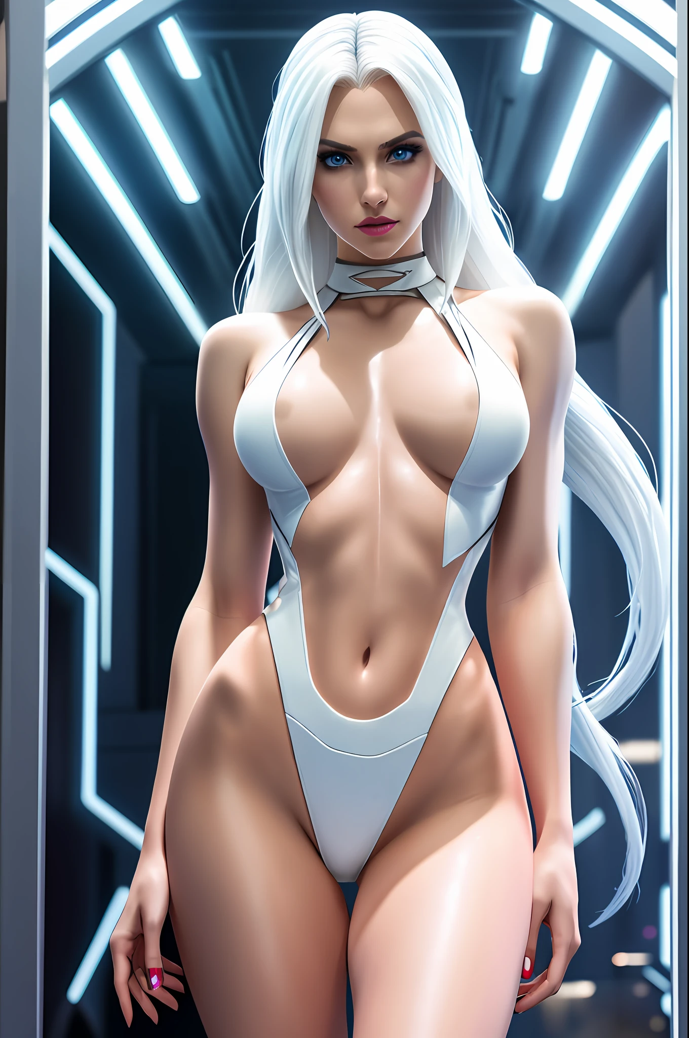 caucasian girl , Emma Frost , x-men , with very angry expression and with super sexy latex white dress, full body standing , shot on dslr, detailed face, cinematography, maximum details, neutral colors, hdr, muted colors, soft cinematic light, insane details, intricate details, masterpiece, wallpaper, (detailed), high quality, ((high detailed skin, skin details)), sharp focus, 8k uhd.