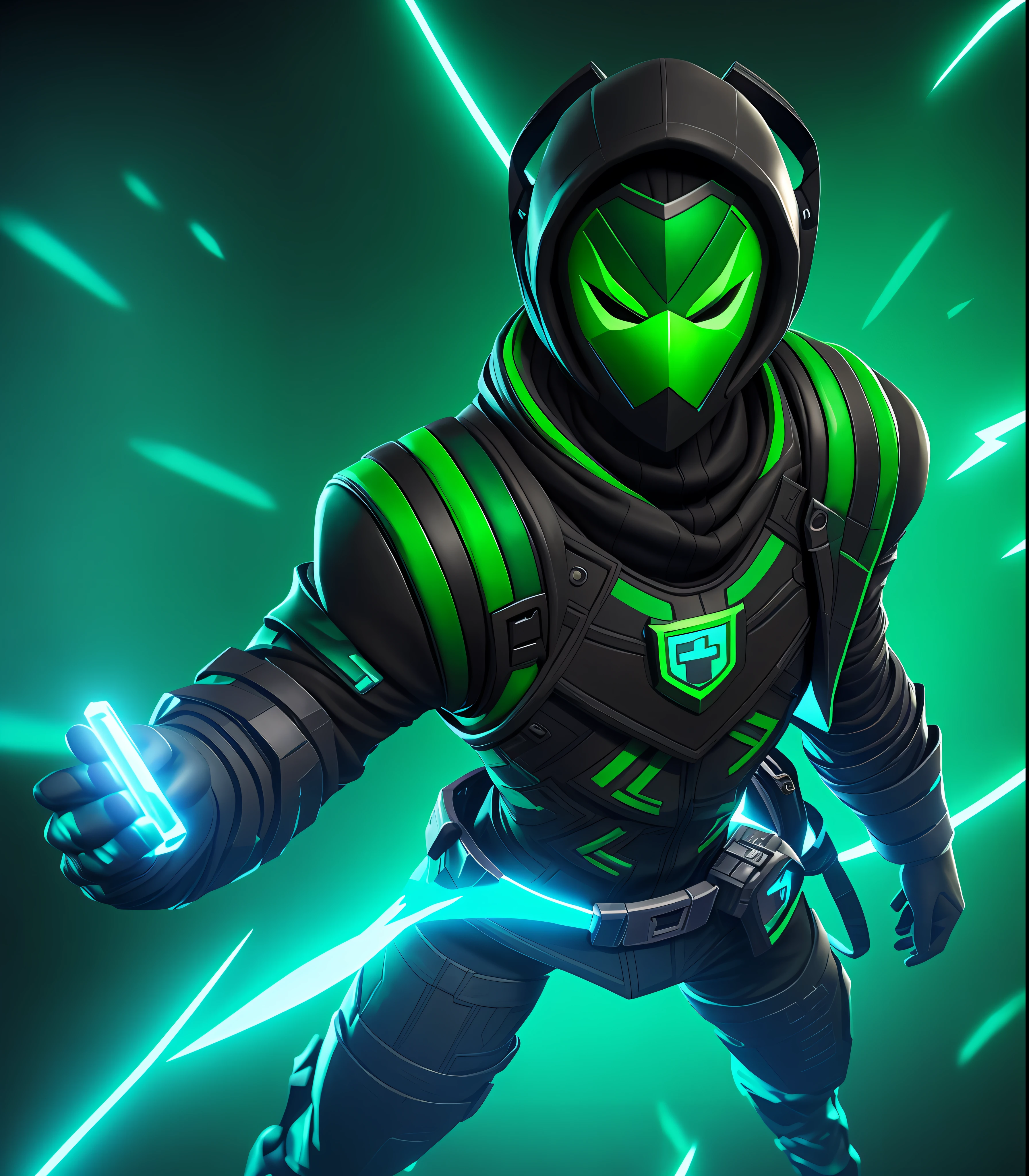 There is a man in a green and black costume with a mask, Fortnite art style, like a Fortnite character, Tane skin, Fortnite screenshot, Fortnite character, scary white skin, epic games, Fortnite skin, Frostbite 3 rendered, Sliver ice color reflected armor, in the skin of Fortnite, this character has cryokinesis, fornite game. octane rendering