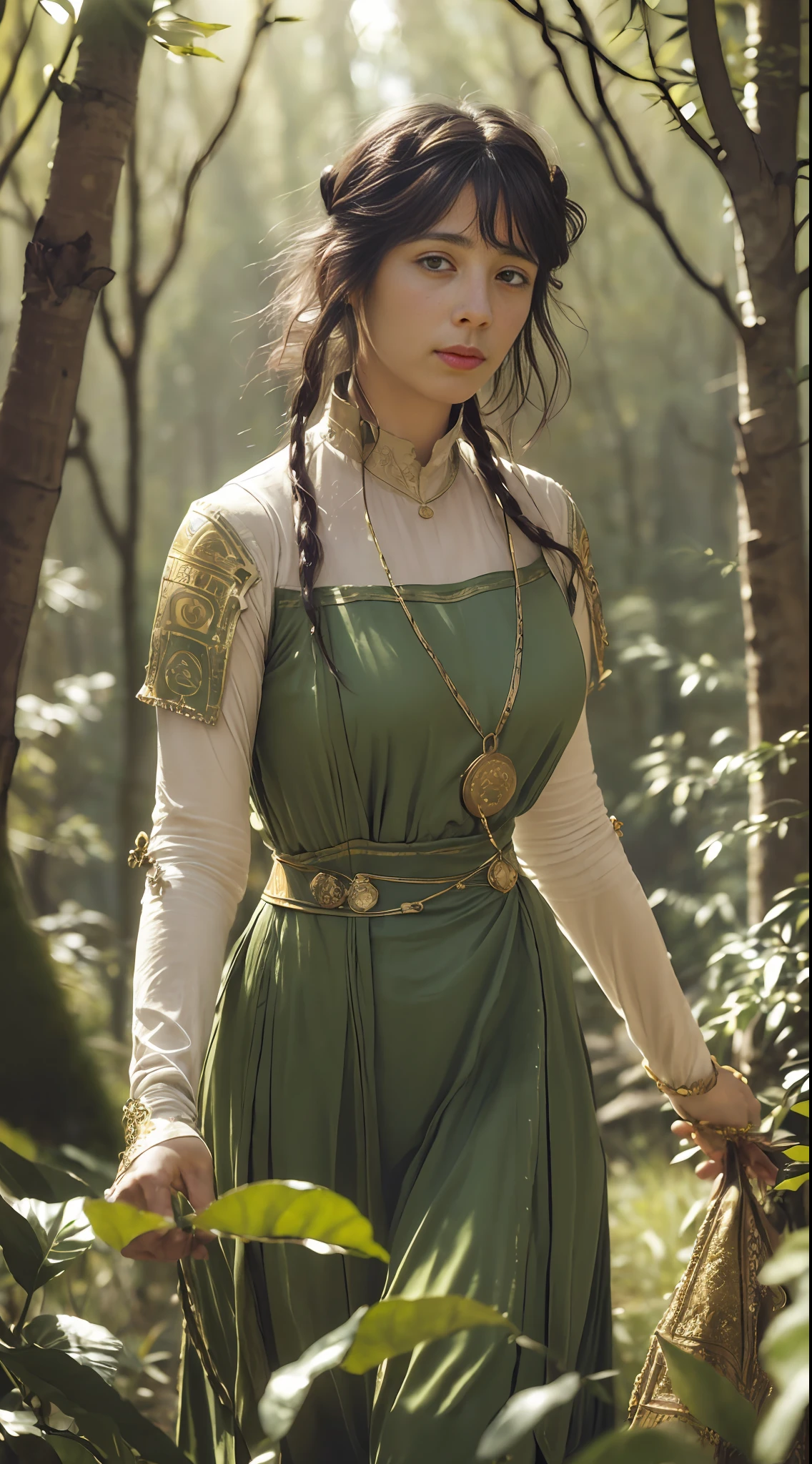 (((( Alma tadema artistic style,strolling in the forest))))) dress, (realistic photo: 1.4), (hyper realistic: 1.4), (realistic: 1.3), (softer lighting: 1.05), (increase cinematic lighting quality: 0.9), 32K, 1girl, 20yo girl, realistic lighting, backlighting, light on the face, ray trace, (bright light: 1.2), (increase quality: 1.4), (best quality real texture skin: 1.4), finely detailed eyes, finely detailed face, finely quality eyes, (tired and sleepy and satisfied: 0.0), closeup of the face, t-shirts, (Increase body line mood:1.1), (Increase the beauty of skin texture:1.1)