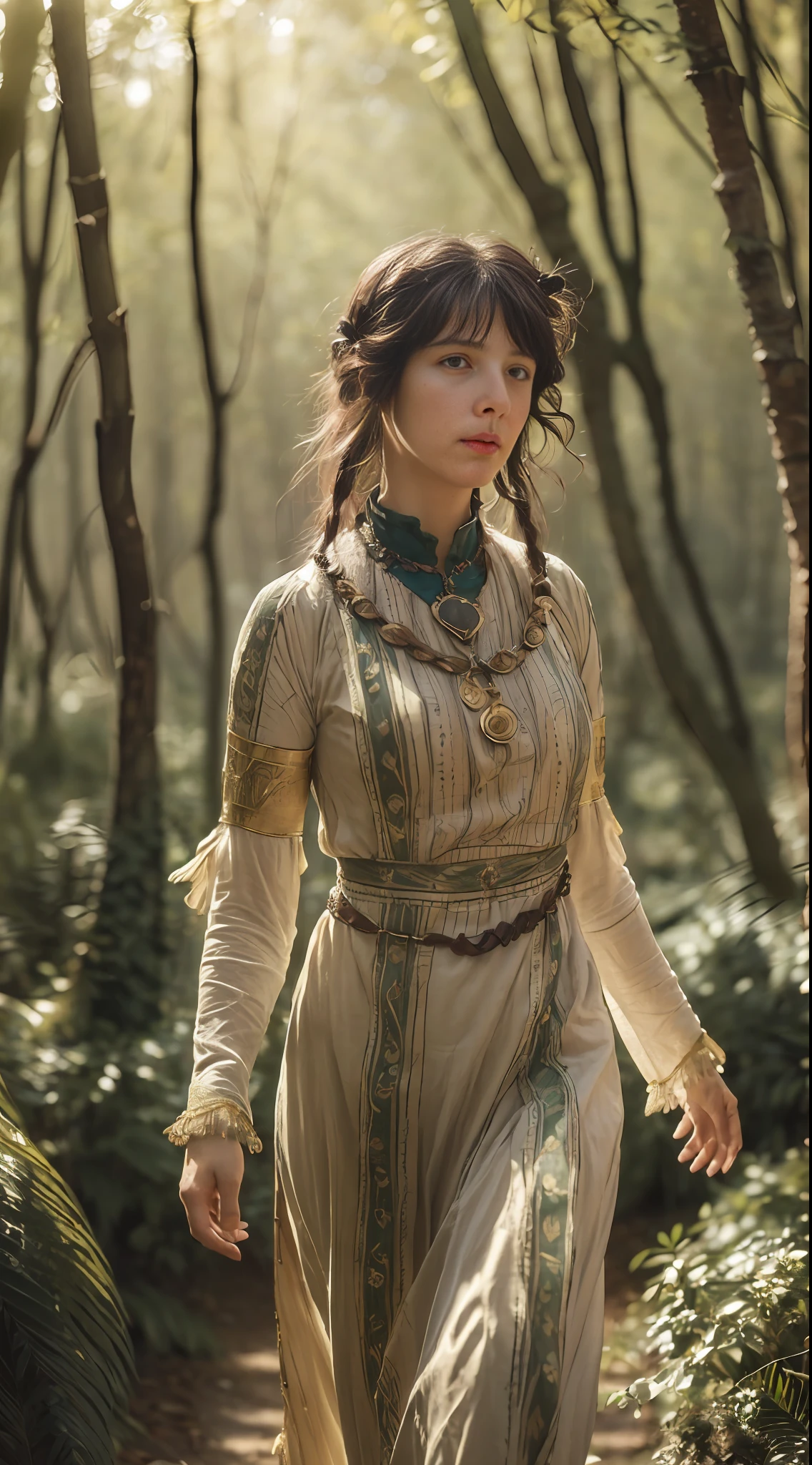 (((( Alma tadema artistic style,strolling in the forest))))) dress, (realistic photo: 1.4), (hyper realistic: 1.4), (realistic: 1.3), (softer lighting: 1.05), (increase cinematic lighting quality: 0.9), 32K, 1girl, 20yo girl, realistic lighting, backlighting, light on the face, ray trace, (bright light: 1.2), (increase quality: 1.4), (best quality real texture skin: 1.4), finely detailed eyes, finely detailed face,  finely quality eyes, (tired and sleepy and satisfied: 0.0), closeup of the face, t-shirts, (Increase body line mood:1.1), (Increase the beauty of skin texture:1.1)