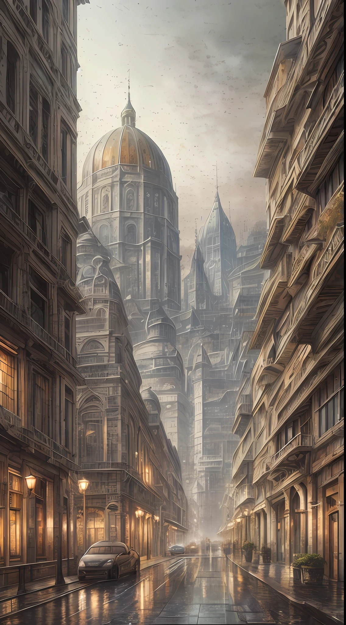 epic realistic, photo, faded, complex stuff around, intricate city background, sky domes, soaking wet, neutral colors, ((((hdr)))), ((((muted colors)))), intricate scene, artstation, intricate details, vignette