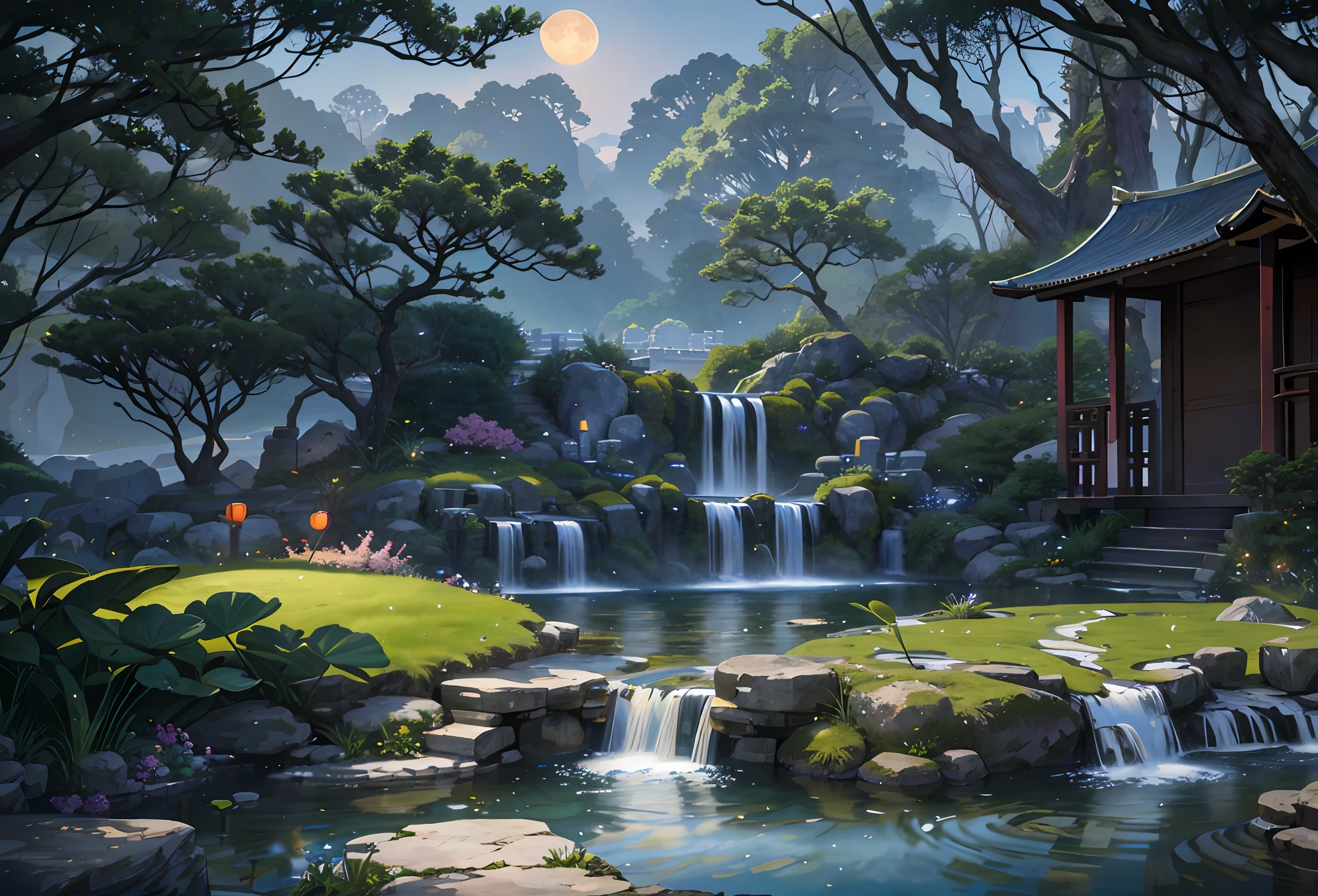 Ancient Chinese architecture, moon, dark night, garden, bamboo, lake, stone bridge, rockery, arch, corner, tree, running water, landscape, outdoor, waterfall, grass, rock, water lily, hot spring, water vapor, (Illustration: 1.0 ), epic composition, realistic lighting, HD details, masterpiece, best quality, (very detailed CG unity 8k wallpapers) --v 6