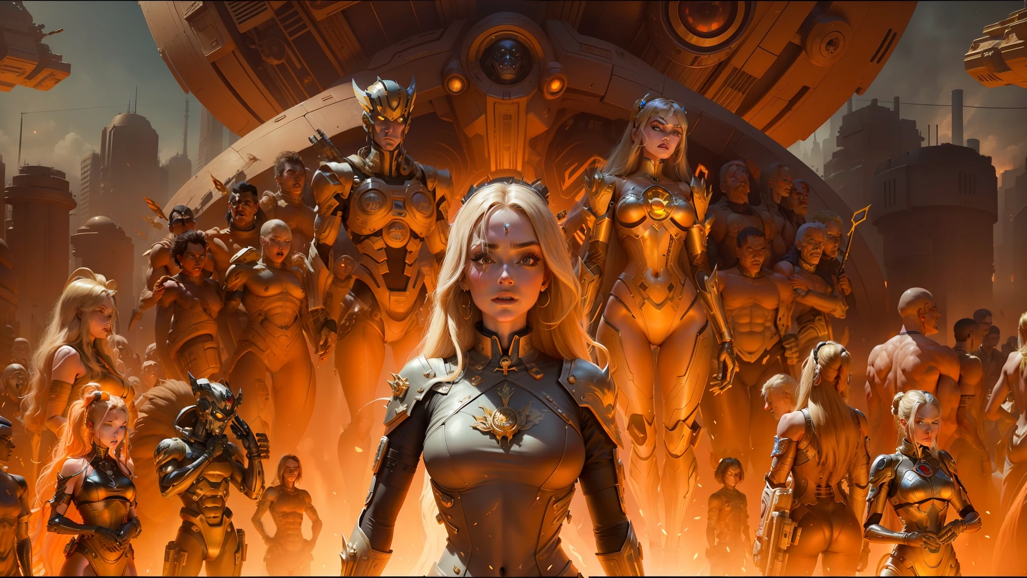 there is a woman standing in front of a large group of zombies, stephen youll, gilded lotus princess, by Kuno Veeber, blonde girl in a cosmic dress, 8k highly detailed ❤️🔥 🔥 💀 🤖 🚀, woman looks like sharon tate, megadeth, by Victor Surbek, james jean aesthetic, 2049, youtube thumbnail, # sci - fi --auto --s2
