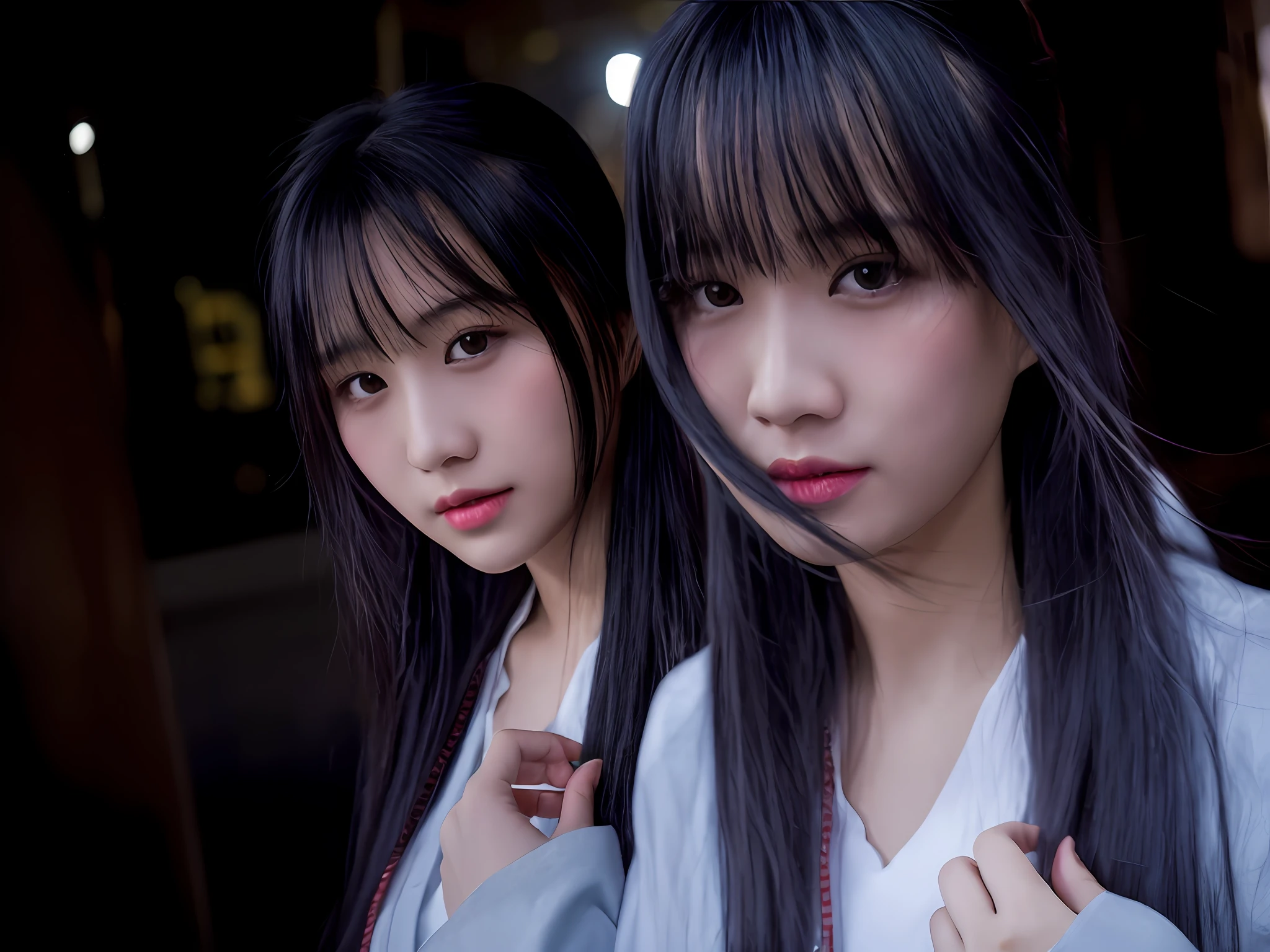 Twin Asian women with long black hair and white shirt, doppelganger, shot with Canon 5D MK4, shot with Nikon D 7 5 0, shot with Nikon D750, shot with Canon EOS 5 D Mark IV, shot with Canon EOA 6D Mark II, close-up portrait shot of Rain Iwakura, shot with Nikon Z9