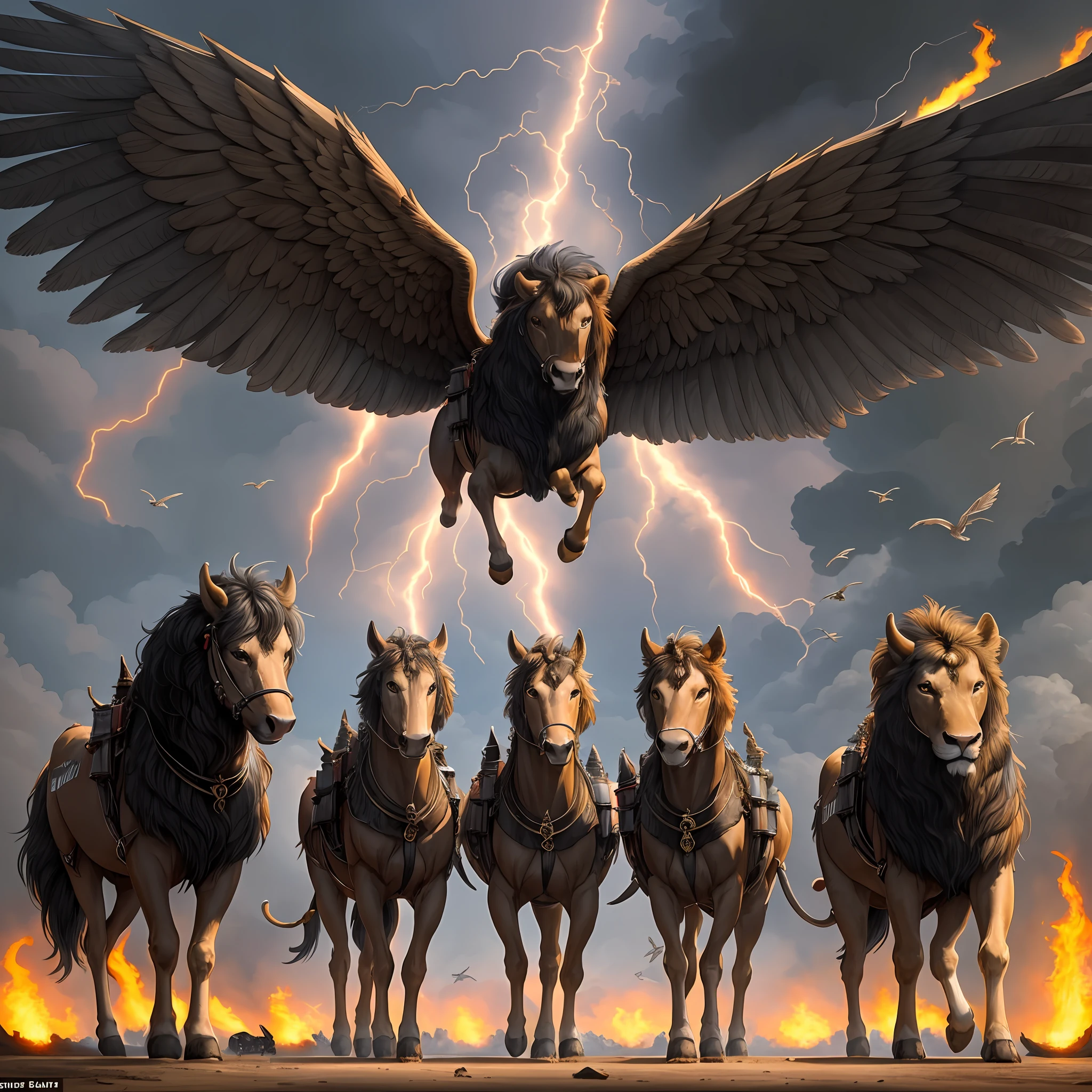 I looked and saw a storm coming from the North. Lightning came out of a huge cloud. Around the cloud, the sky was on fire, and in the midst of the fire was a thing that shone like bronze. In the middle of the storm, I saw what looked like four animals. Their form was that of people, but each had four faces and four wings. Their legs were straight and had hooves that were like bull hooves and that shone like polished bronze. In addition to the four faces and the four wings, each had four hands of people, one under each wing. Two wings of each animal were open, with the tips touching each other. Thus the animals formed a square and walked in a group, without turning the body. Each animal had four different faces: in front, the face was of people; on the right side, it was of lion; on the left side, it was of oxen; and behind the face was that of an eagle. Two wings of each animal opened upwards and touched the wingtips of the animals that were at their side; and with the other two wings they covered the body. Each animal could look in all four directions, so the group went where it wanted to go, without having to turn. Among the animals was something that looked like a lit torch and that was always in motion. The fire increased, and lightning came out of the fire. And the animals ran hither and thither like lightning. When I was looking at the four animals, I saw four wheels on the ground, one next to each of them. --auto --s2