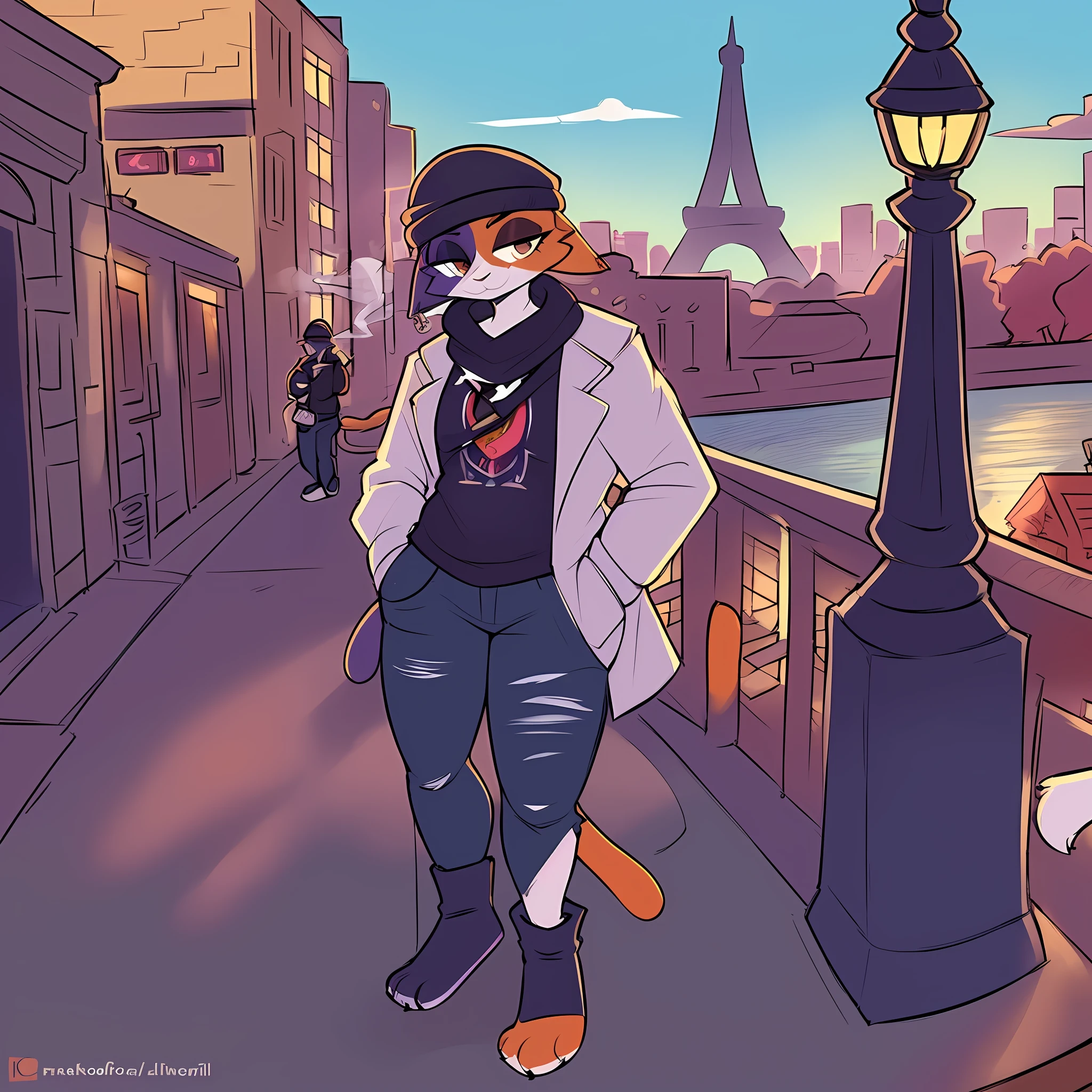 thin female solo meowskull by zackary911 wearing clothes sunlit people in background, visible Paris Eiffel tower in background Smiling scenic daytime, fox tail, trench coat, flat cap, scarf short pencil drawn sketch colored, blue khakis, medium height, black boots, Cigarette, smoking, Seine river, leaning against lampost, midday