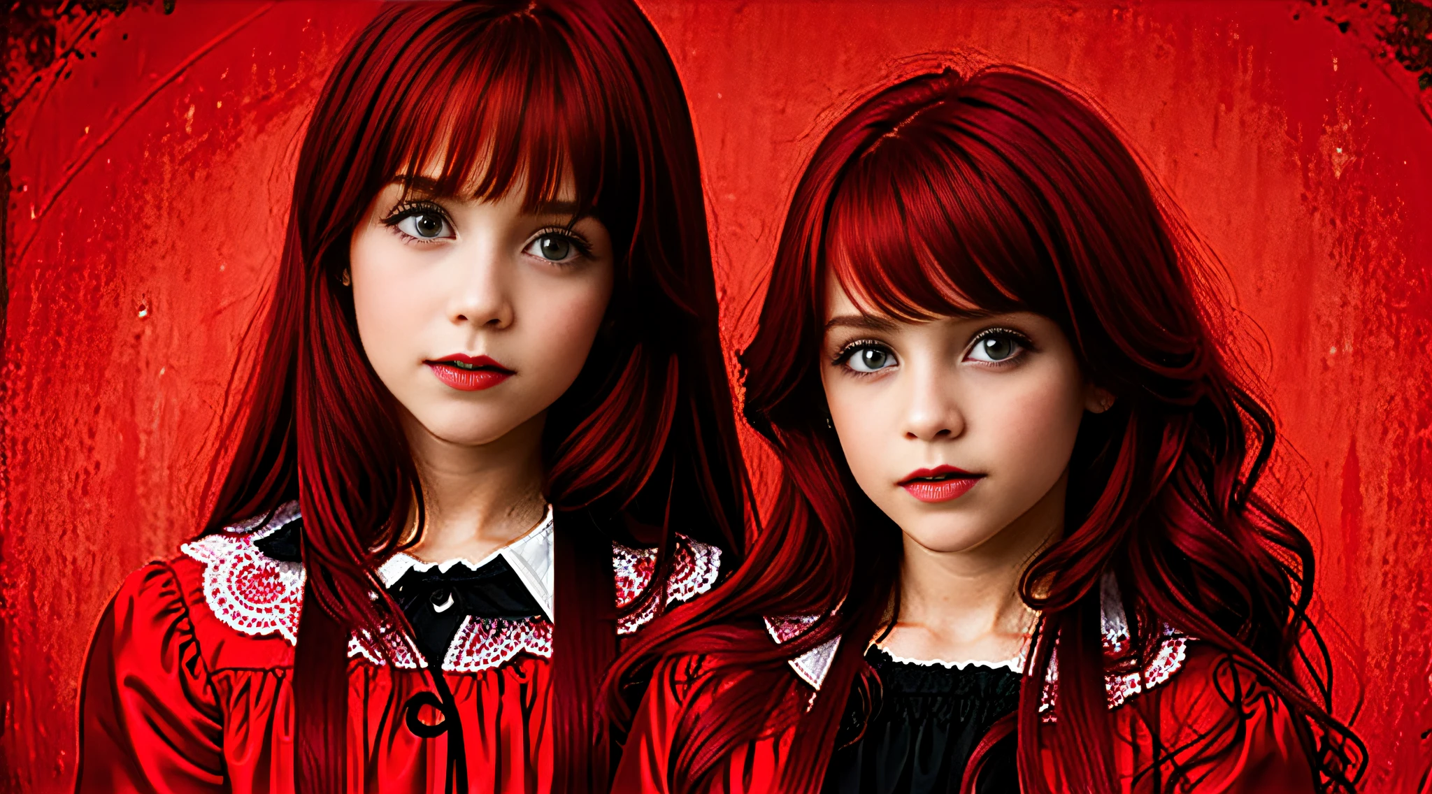 GIRLS VAMPIRE CHILDREN, RED EYES. AND RED HAIR, red background.