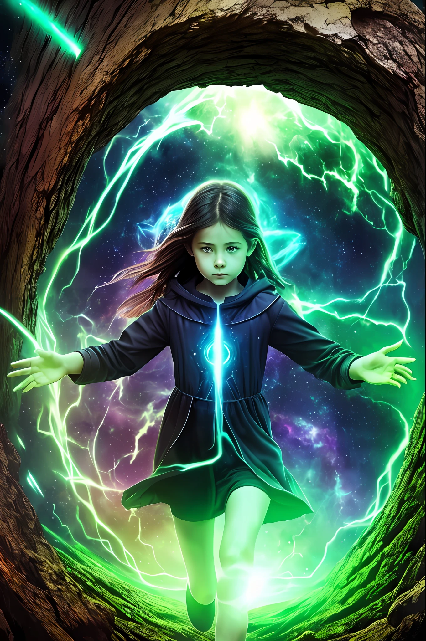 Beautiful girl runs into a large portal in the forest, the portal is green, the portal with runes, the girl turns around frightened, darkness, extraterrestrial, beautiful, aesthetically pleasing, nebula, celestial, 16k, hyper-detailing, professional photo, realism --auto --s2