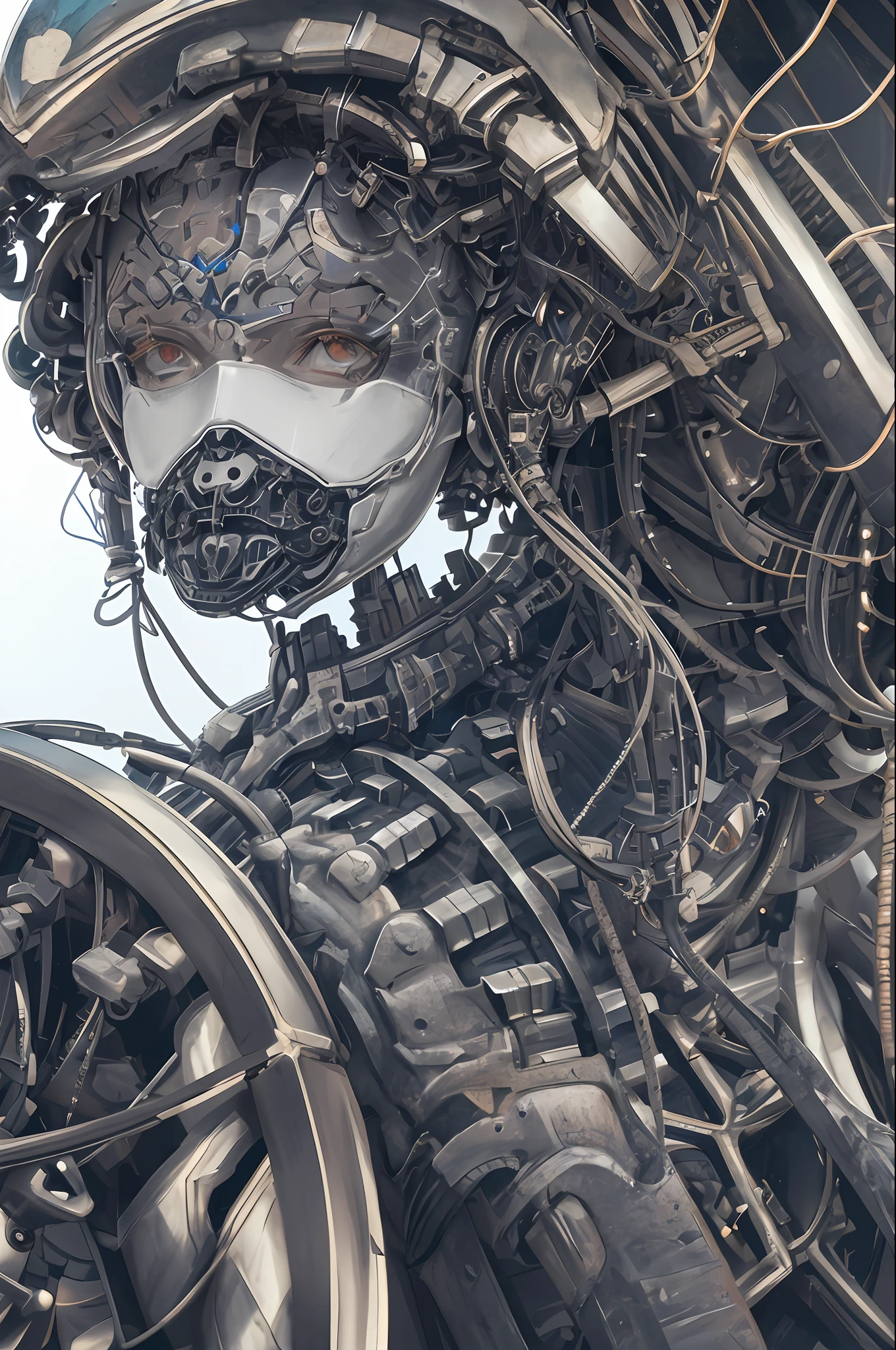 1mechanical girl,((ultra realistic details)), portrait, global illumination, shadows, octane render, 8k, ultra sharp,metal,intricate, ornaments detailed, cold colors, egypician detail, highly intricate details, realistic light, trending on cgsociety, glowing eyes, facing camera, neon details, machanical limbs,blood vessels connected to tubes,mechanical vertebra attaching to back,mechanical cervial attaching to neck,sitting,wires and cables connecting to head