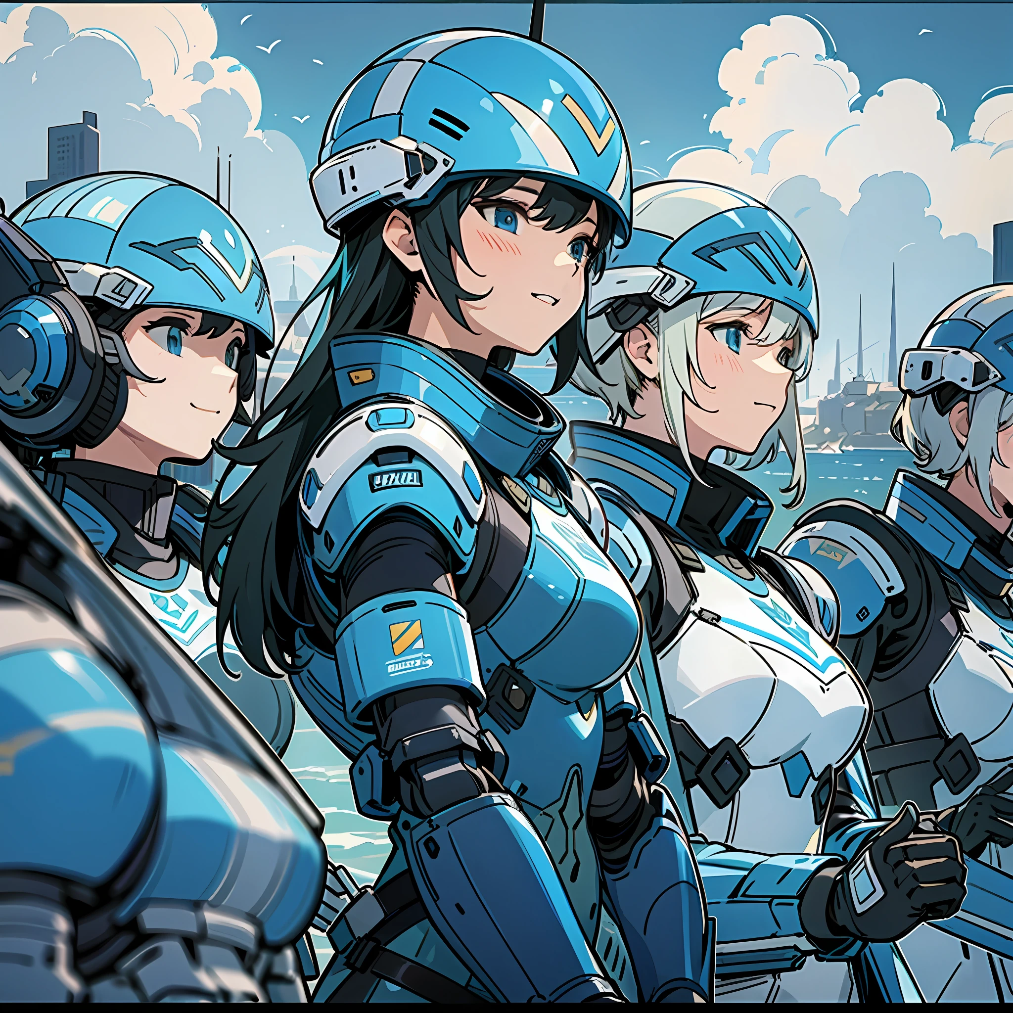 (best quality, masterpiece, extremely detailed), female soldiers in formation, blue futuristic light military armor, blue military helmet, happy faces, futuristic coastal city, clear sky, lighting, dynamic poses, near shore,