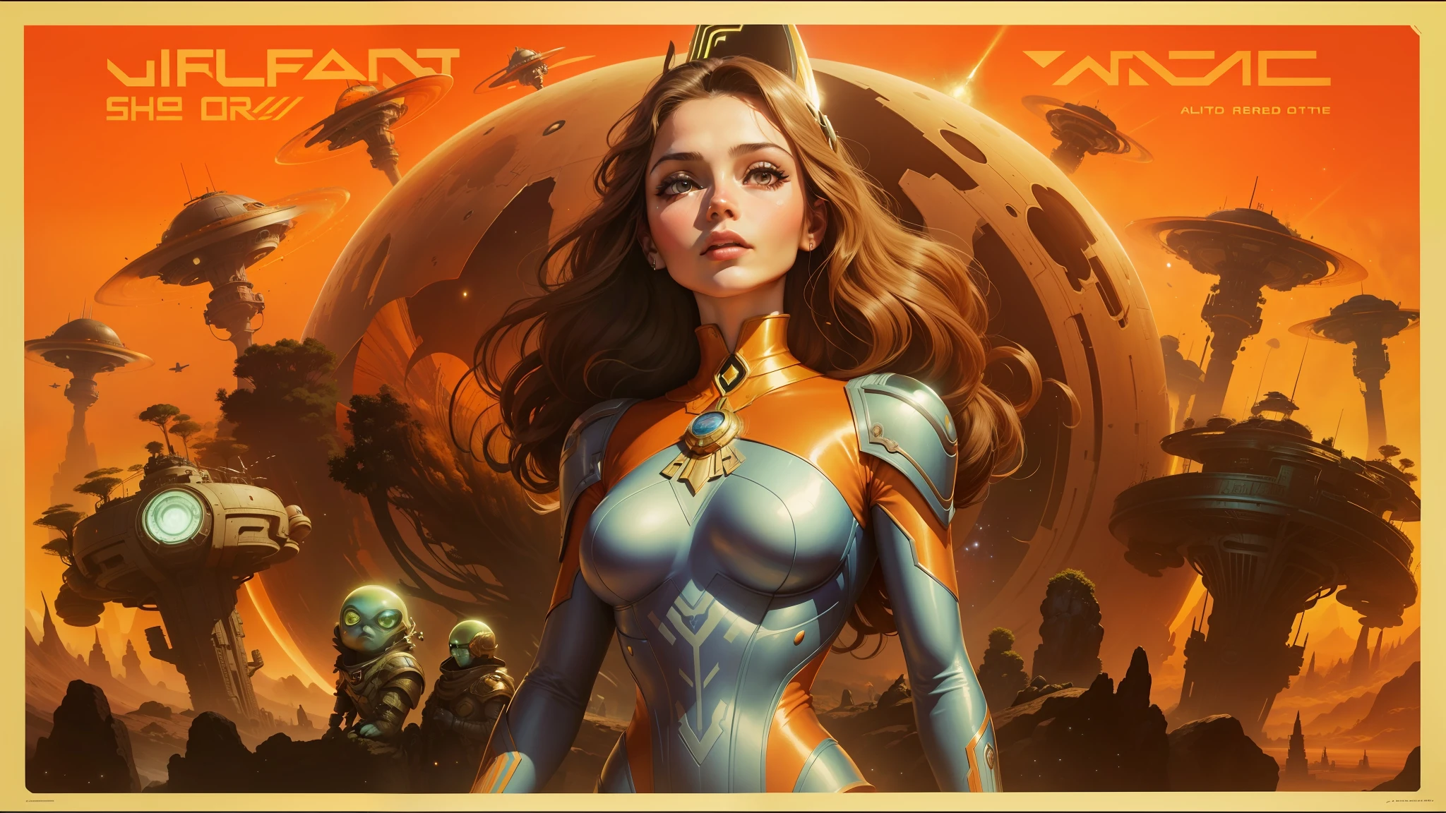 arafed image of a woman in a futuristic suit surrounded by aliens, beautiful young ornella muti, shephard fairey poster, the glimmering orange dawn, trending on artforum, retroscifi, the last orchestra, asteroids, by Brom, 8k restored and remastered, barbarella, prometheus (2012), lithograph --auto --s2