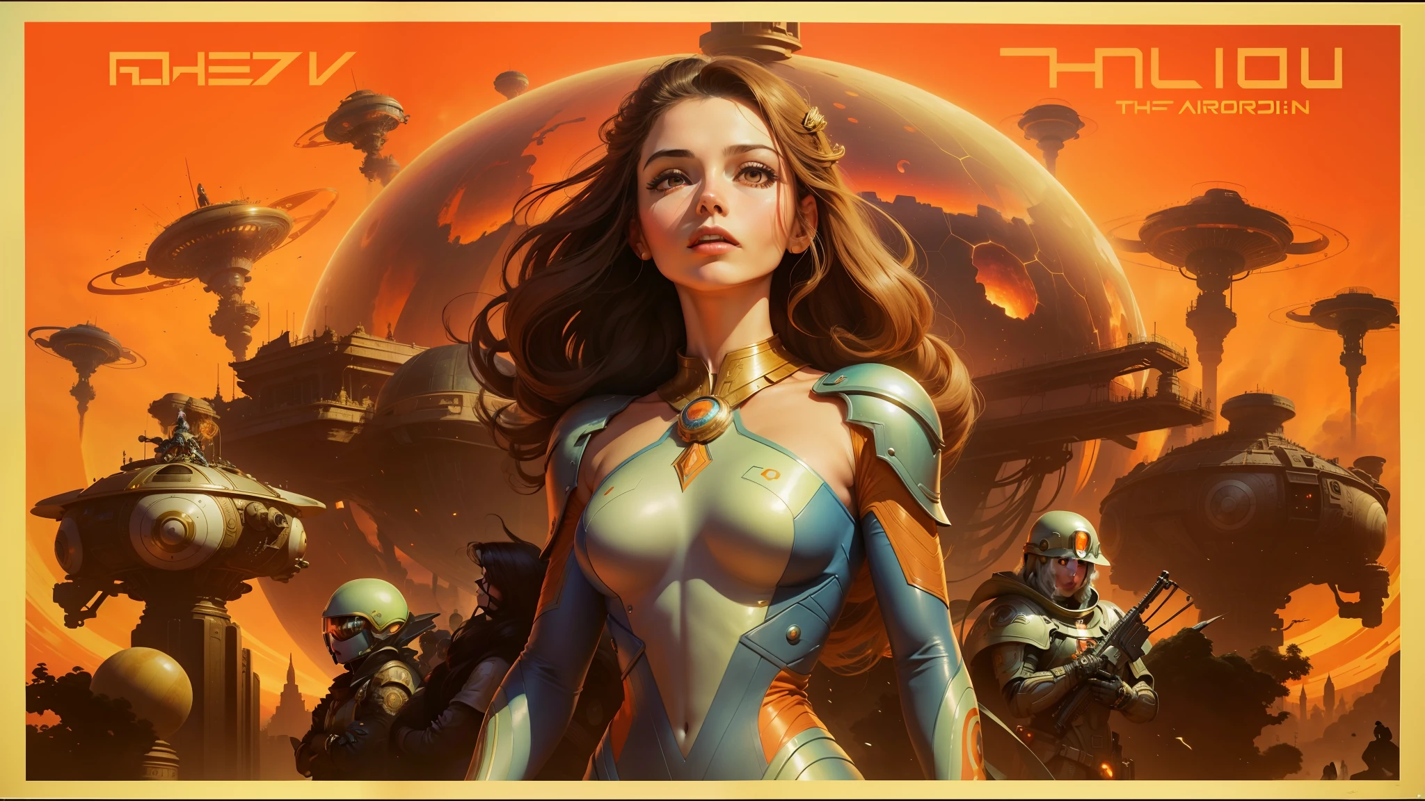 arafed image of a woman in a futuristic suit surrounded by aliens, beautiful young ornella muti, shephard fairey poster, the glimmering orange dawn, trending on artforum, retroscifi, the last orchestra, asteroids, by Brom, 8k restored and remastered, barbarella, prometheus (2012), lithograph --auto --s2
