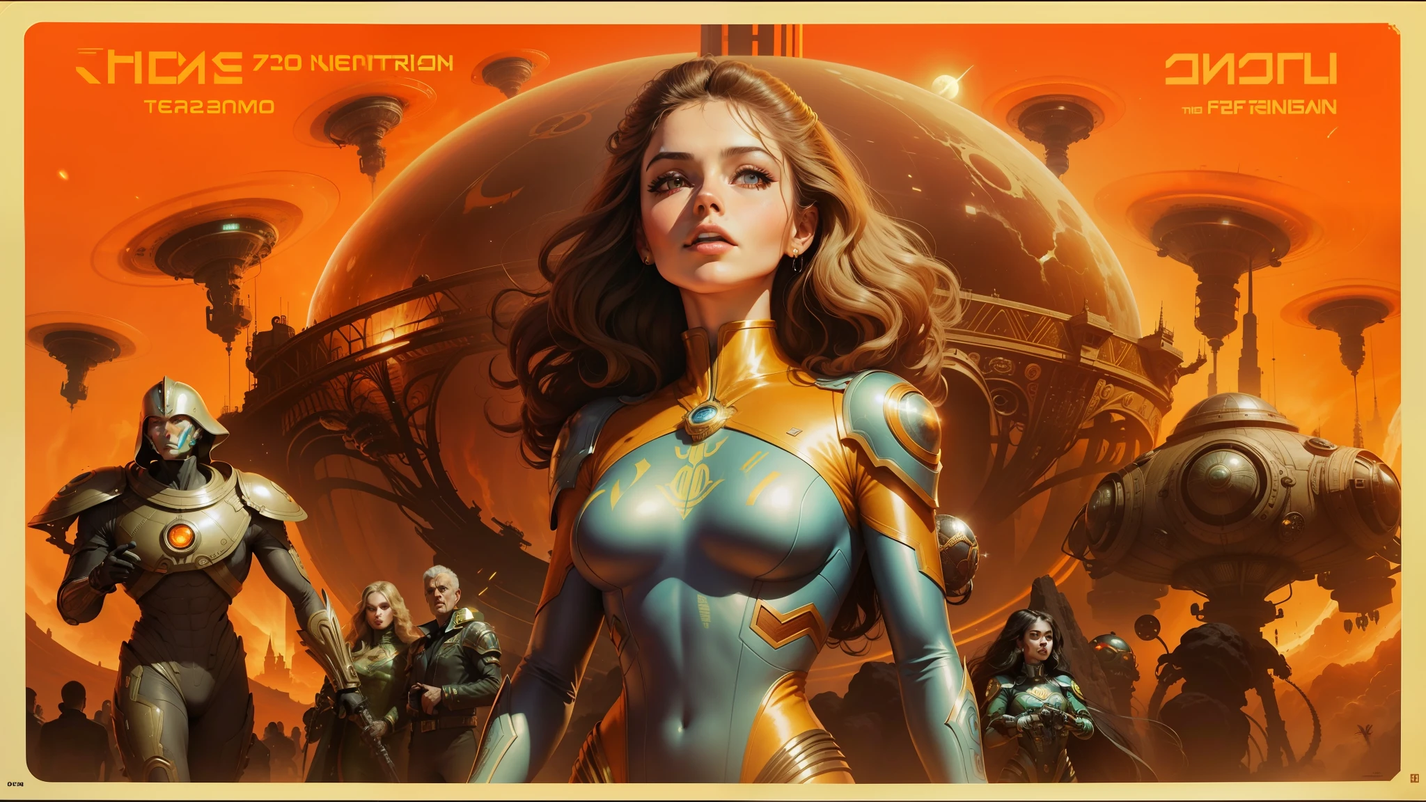 arafed image of a woman in a futuristic suit surrounded by aliens, beautiful young ornella muti, shephard fairey poster, the glimmering orange dawn, trending on artforum, retroscifi, the last orchestra, asteroids, by Brom, 8k restored and remastered, barbarella, prometheus (2012), lithograph --auto --s2