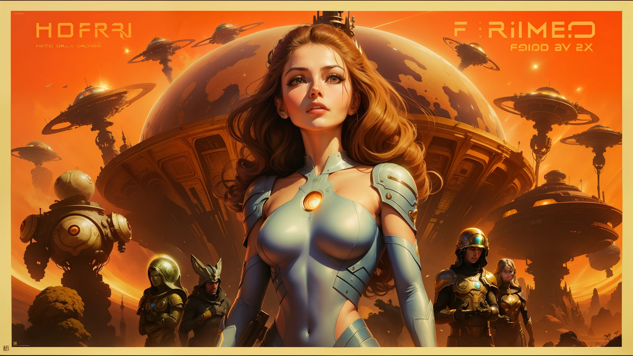 arafed image of a woman in a futuristic suit surrounded by aliens, beautiful young ornella muti, shephard fairey poster, the glimmering orange dawn, trending on artforum, retroscifi, the last orchestra, asteroids, by Brom, 8k restored and remastered, barbarella, prometheus (2012), lithograph --auto --s2