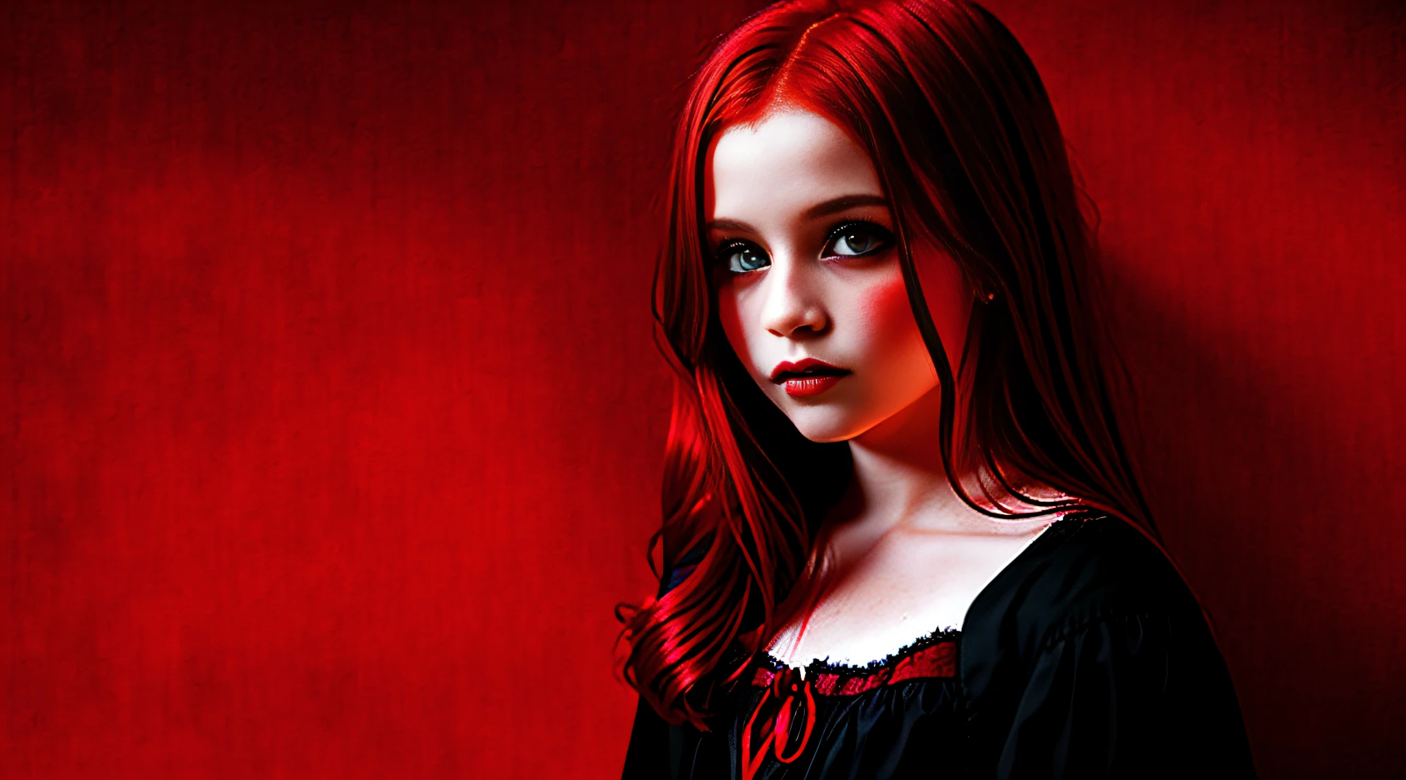 GIRLS VAMPIRE CHILDREN, RED EYE COLOR. , AND RED HAIR. Blood red background.