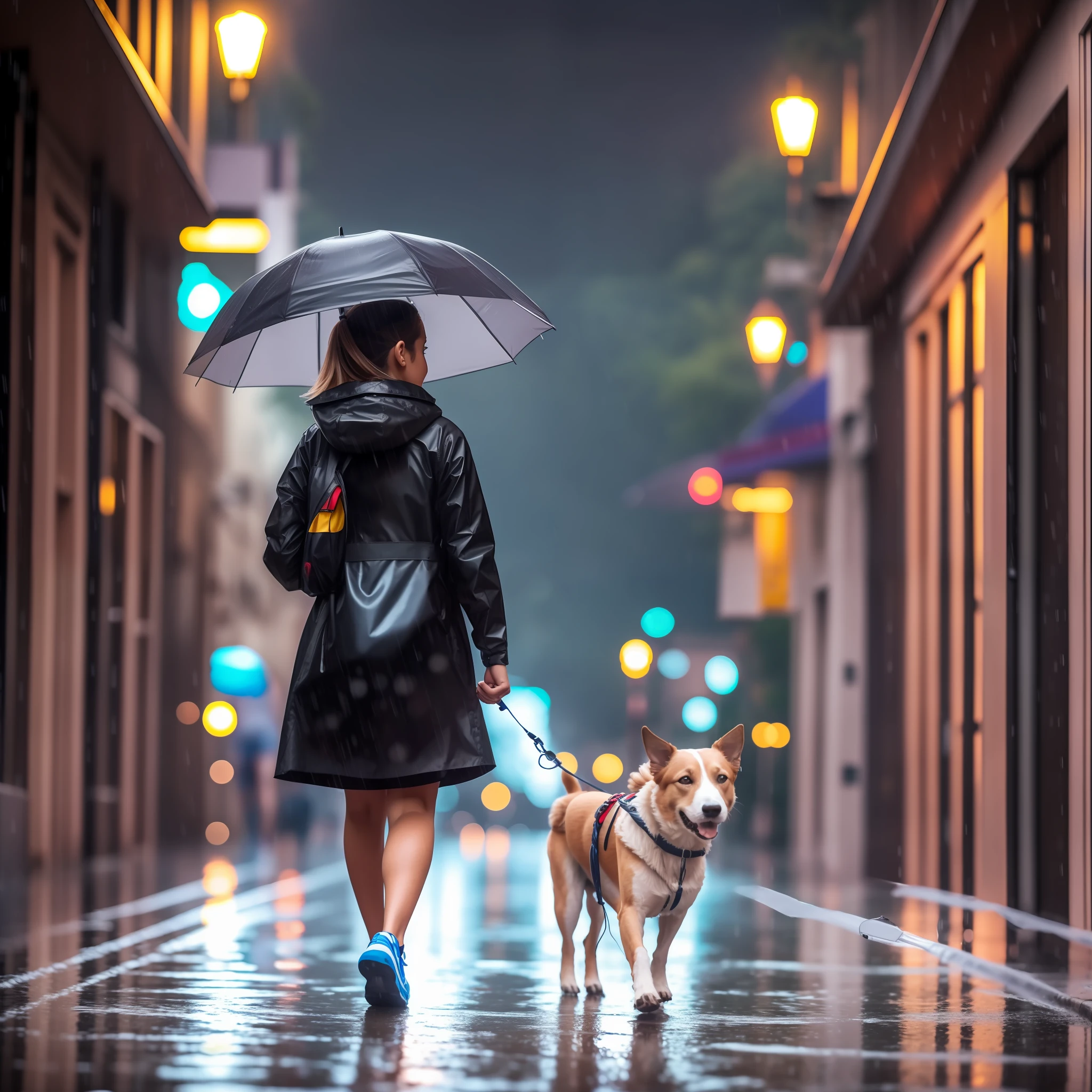 A girl walking her dog, rain, 8k, thunder --auto --s2