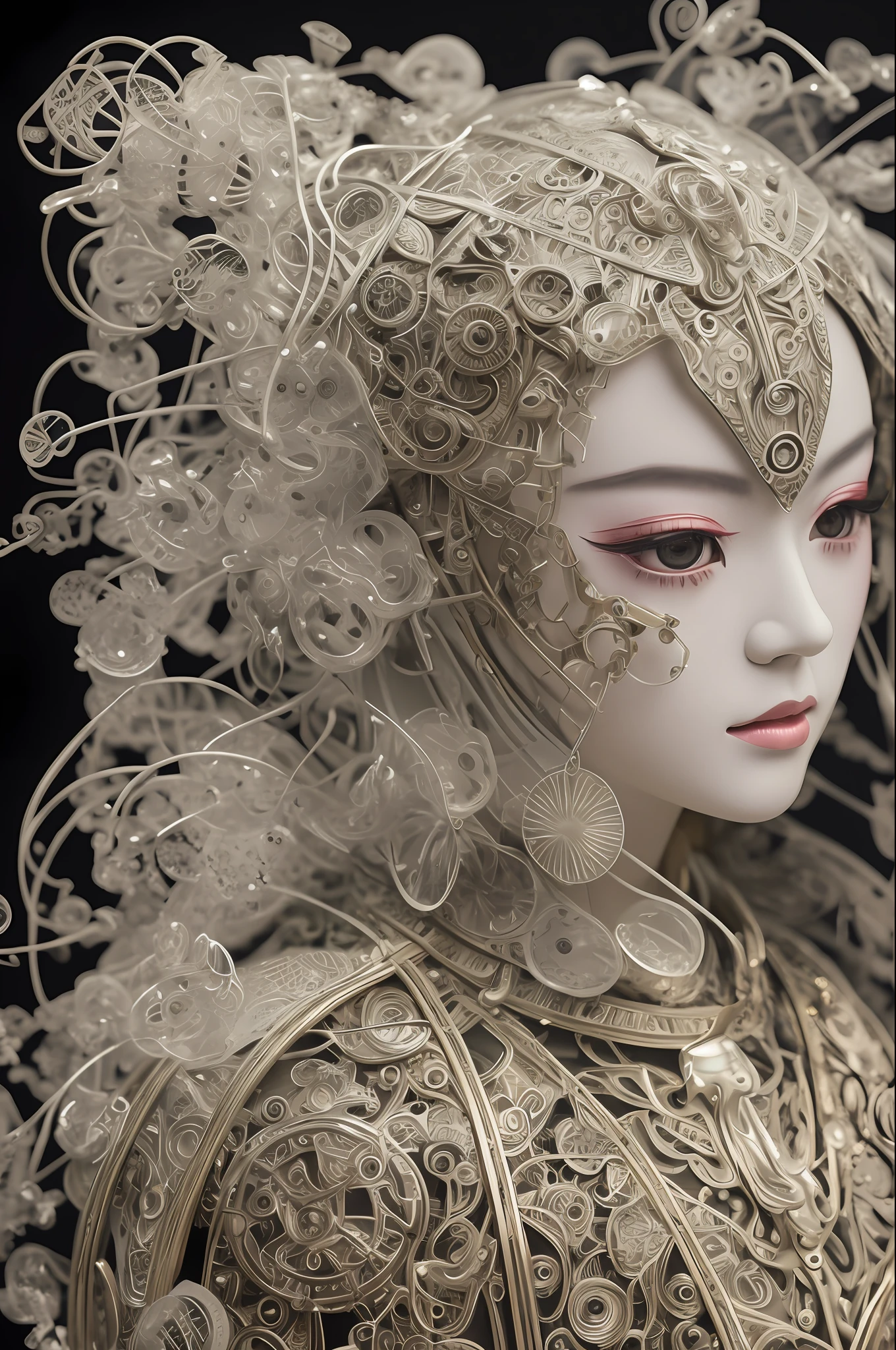 A portrait photograph of mid-twenties Japanese female android made of white and silver transparent glass and plastic, geisha makeup and hairstyle, silver metal internal body mechanisms, dynamic pose, flowing organic construction, detailed engraving, lacework designs, glowing golden circuitry, colorful neon trim, detailed engraving, lacework designs, glowing circuitry, neon trim, art by H.R. Giger, Greg Rutowski