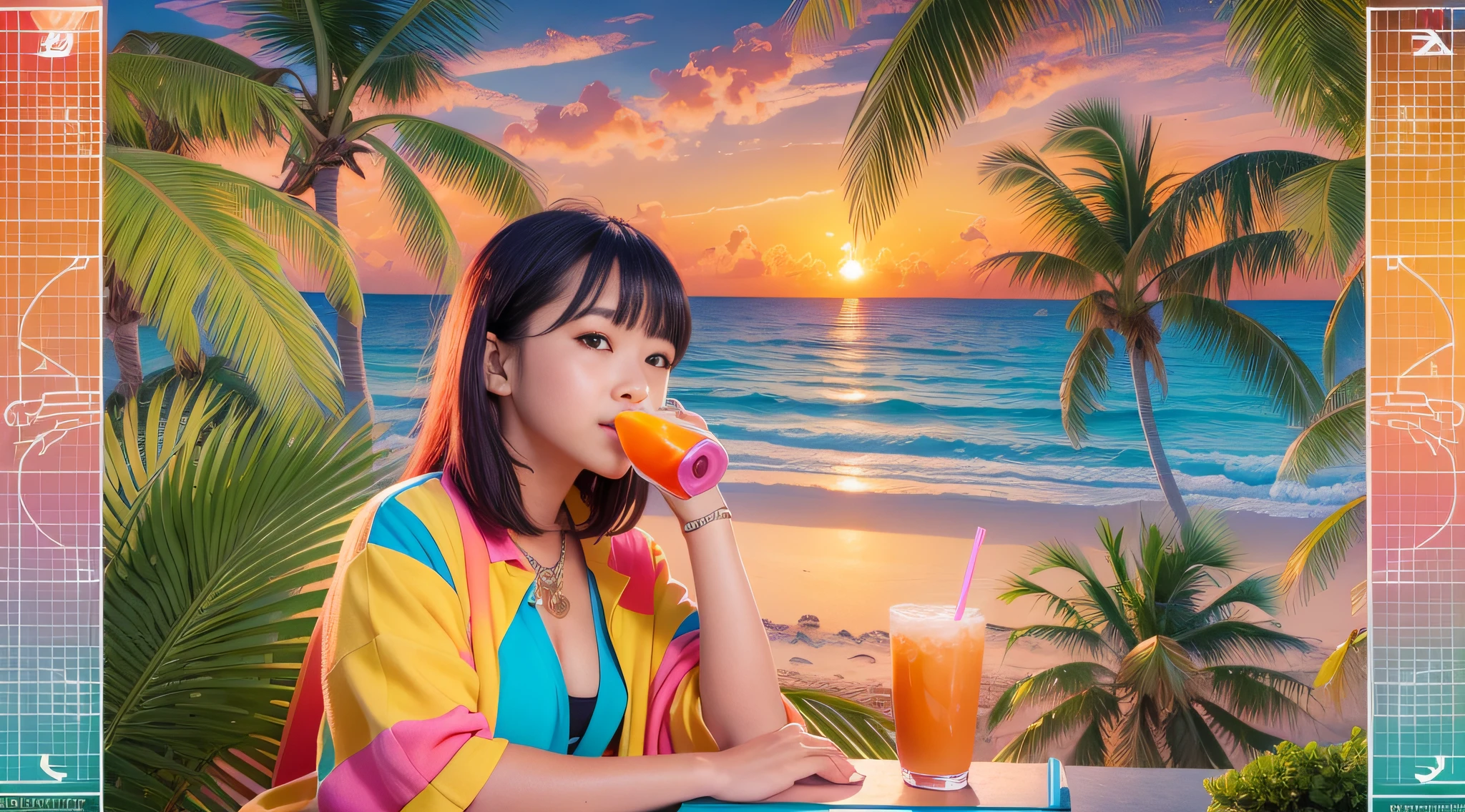 (ultra-detailed) (8K) palm trees, tropical, warm colors, beach, sunset, orange, abstract, flamingos, (vaporwave), (retrowave) illustration, windows 95, macintosh, (image interference) (VHS), girl drinking juice, birds flying