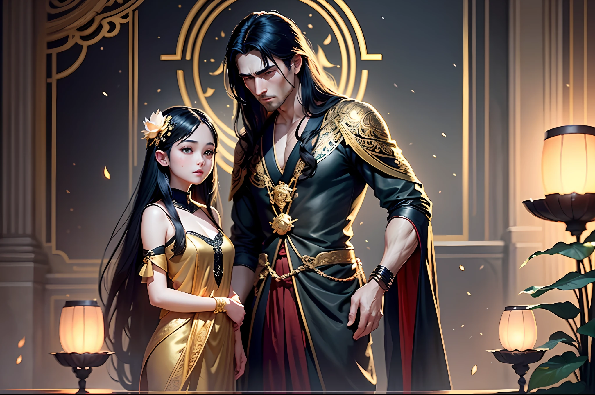 Masterpiece, Best Quality, (Very Detailed CG Unity 8k Wallpaper), (Best Quality), (Best Illustration), (Best Shadows), Absurd, Realistic Lighting, (Abyss), Beautiful Detailed Glow, Peter Mohr Beighter's art, masterpiece, best quality, (very detailed CG unified 8k wallpaper), (best quality), (best illustration), (best shadow), ultra-detailed, "They are an ancient couple, | The boy is tall, broad shoulders and strong arms, his face is well-defined, handsome, and his eyes are deep and clear. He wore a wide robe with exquisite embroidery on it, a pair of loose pants underneath, and a pair of leather boots under his feet, and the whole person looked calm and restrained. | The girl has a graceful figure, smart and beautiful, and her big eyes and long black hair make her look extremely charming. She wore a bright red robe with exquisite embroidery and gold thread, the hem of the dress fluttered in the wind, and a pair of red embroidered shoes at the corner of the skirt made her look beautiful and cute. They came to a lotus pond, and the lotus flowers glowed faintly golden in the moonlight, which was very beautiful. "Digital Art, trending artstation, 4K, high detail, cinematic lighting, intricate, high detail, sharp-focused, dramatic, realistic