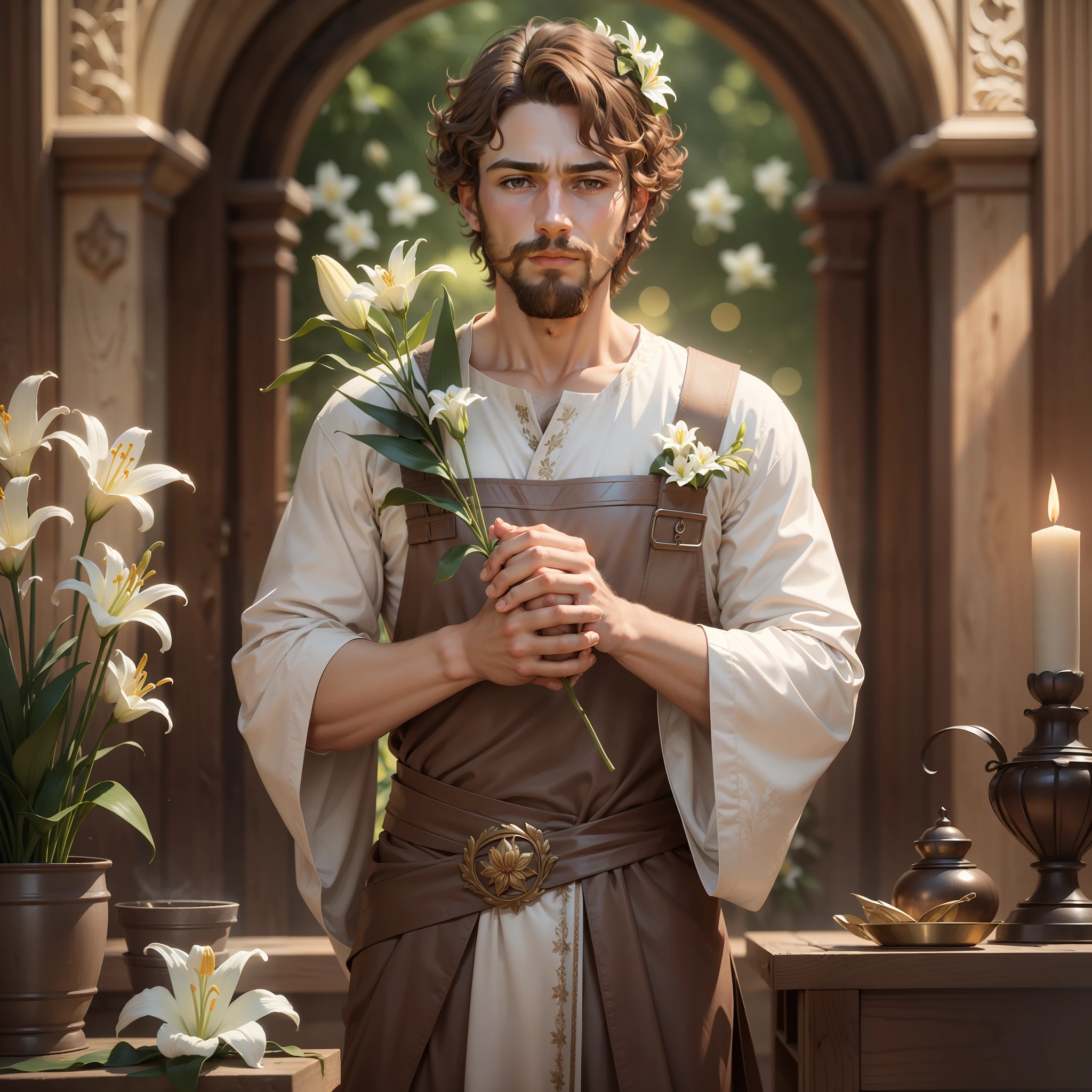 Male hand, straight, holding lilies, germanic male face, short hair, brown colored hair, curly hair, beard, purity, lily crown, 8k, carpenter, carpentry, worker, brute, lily staff, baby Jesus Christ, focus, face and hands, flower background, hands holding bunch of lilies
