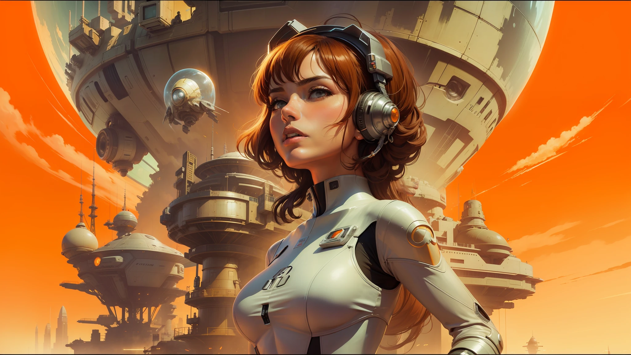 arafed image of a woman in a futuristic suit with a spaceship in the background, movie art, in front of an orange background, inspired by Robert McGinnis, female protagonist, megastructure in the background, portrait of an ai astronaut, astronauts, an astronaut, portrait of a astronaut skeletor, perfect android girl, frank franzzeta and sakimichan --auto --s2
