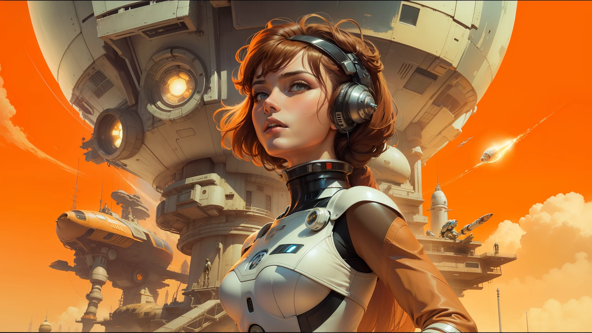 arafed image of a woman in a futuristic suit with a spaceship in the background, movie art, in front of an orange background, inspired by Robert McGinnis, female protagonist, megastructure in the background, portrait of an ai astronaut, astronauts, an astronaut, portrait of a astronaut skeletor, perfect android girl, frank franzzeta and sakimichan --auto --s2