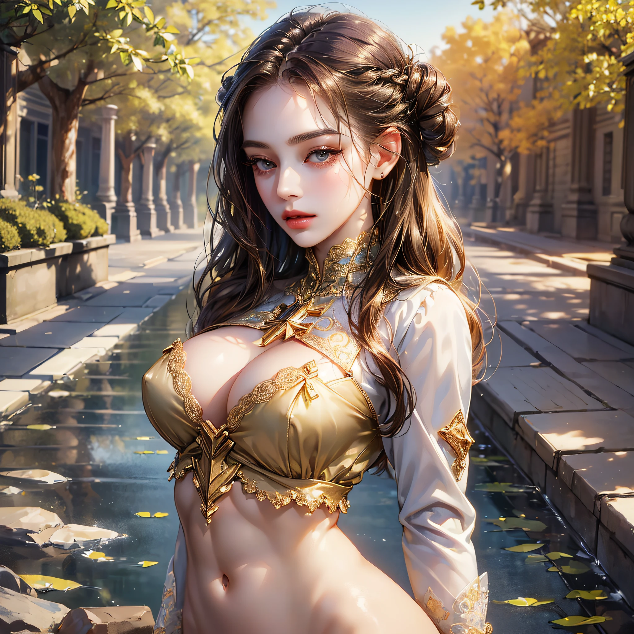 ((Best quality, 8k, Masterpiece :1.3)), sensual woman, 1girl, huge breasts :1.3, (firm abs, slender figure :1.2), dark brown hair, (outdoor, long sleeves top :1.1), ultra-detailed face, detailed lips, detailed eyes, double eyelid, nude, super human --auto --s2