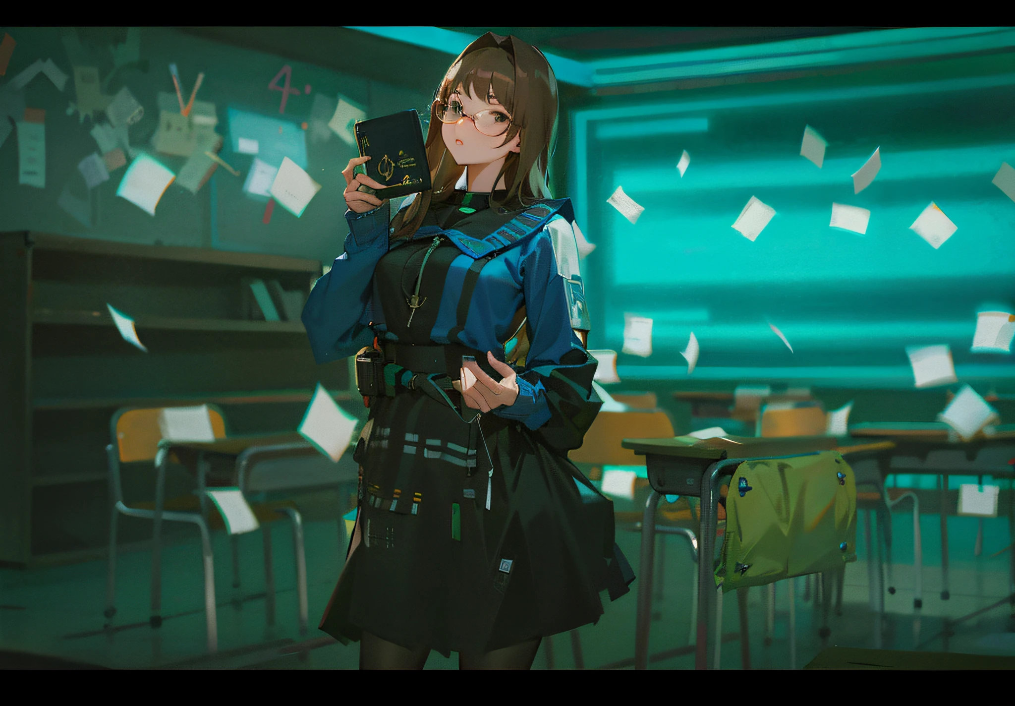 There is a woman holding a book in a classroom, Cyber School Girl, T-shirt showing her breasts,long brown hair,a mocila in her left hand and prescription glasses,4k picture