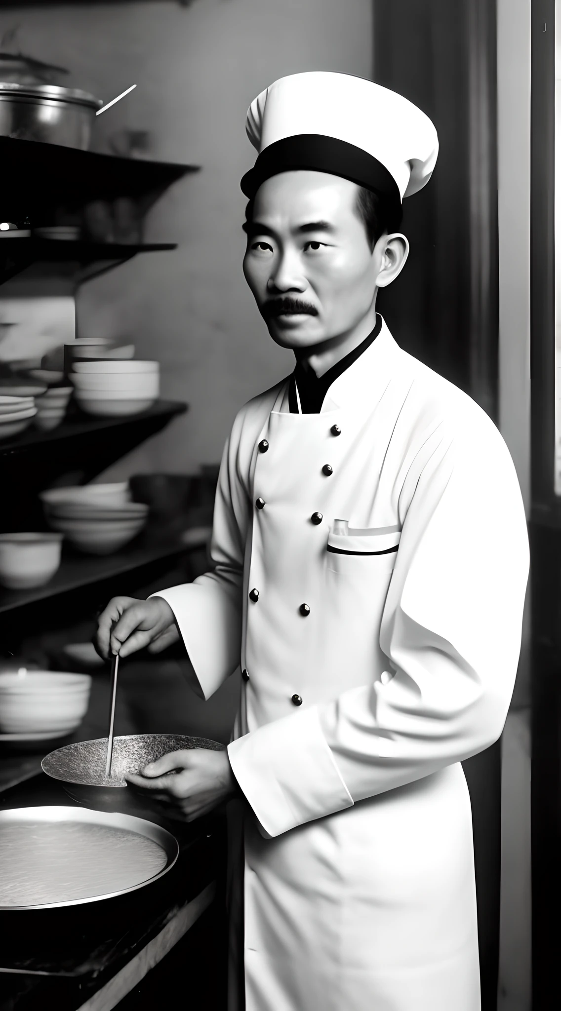 Ho Chi Minh in a chef's uniform, working in a 1920's kitchen, baking pastries, realistic style