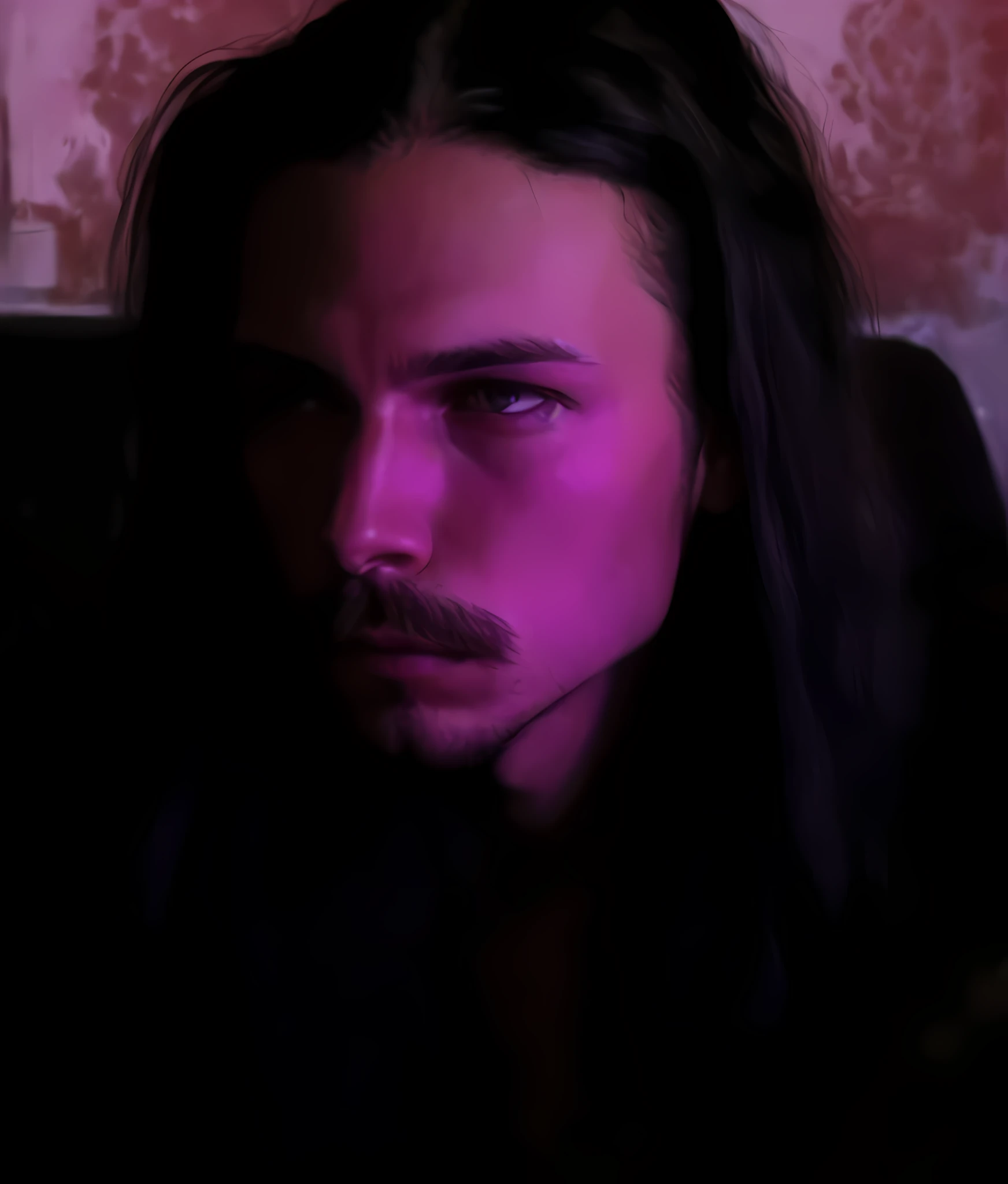 arafed man with long hair moustache and goatee, portrait shot 8 k, high quality picture, with haunted eyes and dark hair, inspired by Bálint Kiss, portrait soft low light, twitch streamer / gamer ludwig, eerie self - portrait, mysterious eerie portrait, stable diffusion self portrait, late night melancholic photo, neons