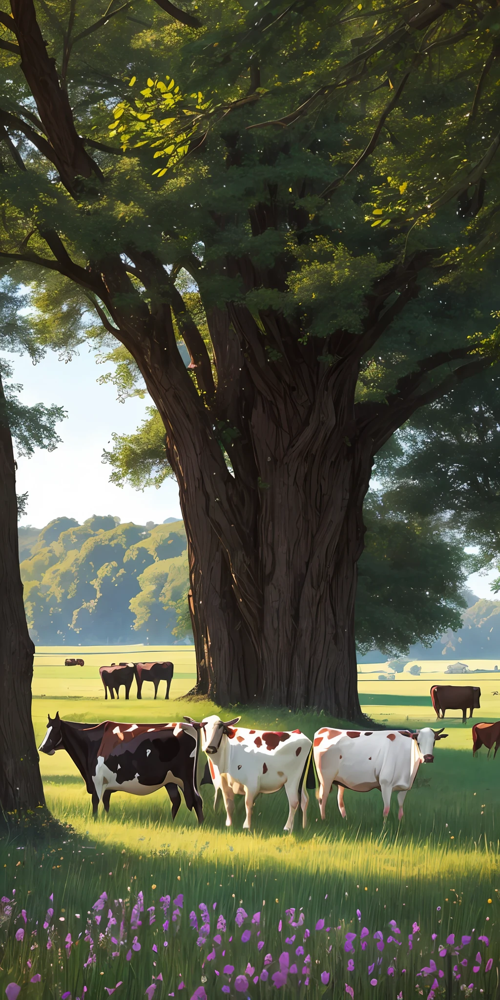 There are cows standing in a grass field near a tree, the second... as a calf, cow, cattle, cow, calf, by Samuel Silva, by Willian Murai, random cows, by Nándor Katona, by Ceferí Olivé, by Emerson Silva, malika favre, by Samuel Scott, hyper realistic 8k pastures --auto --s2