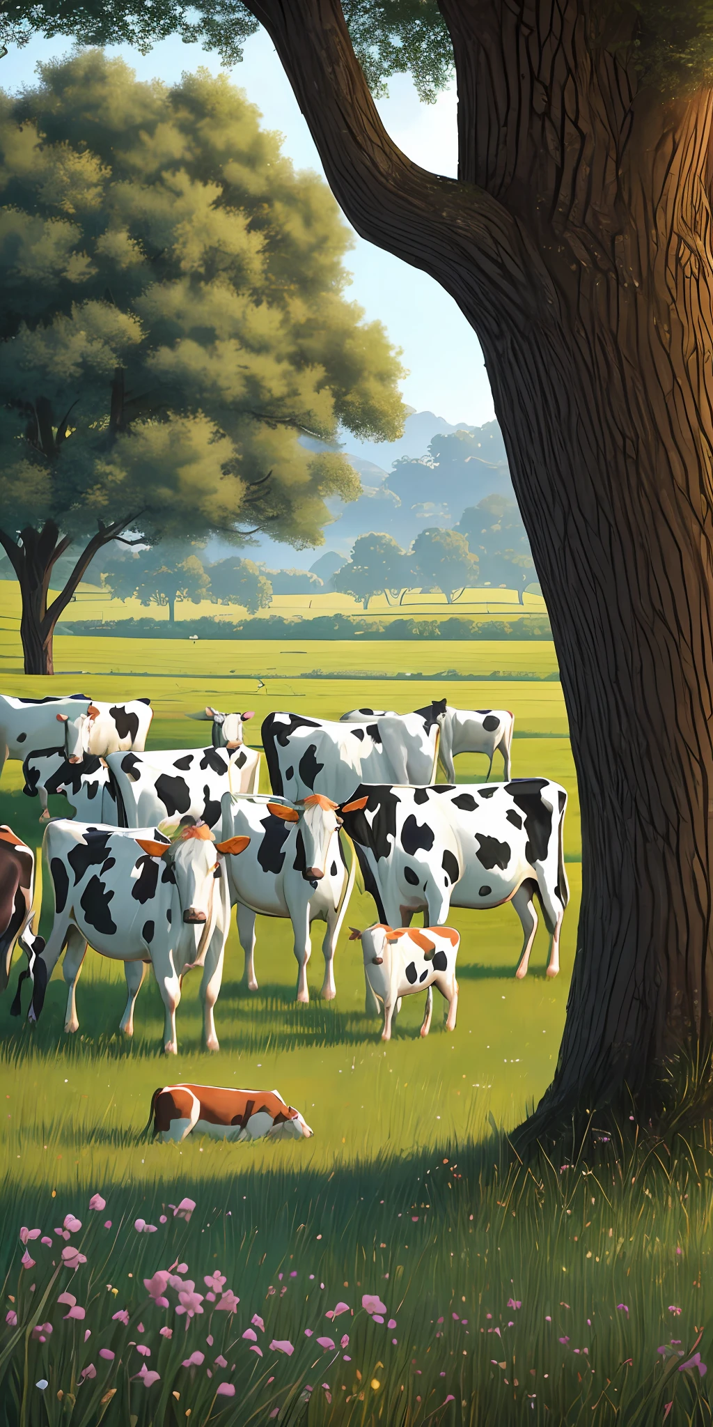 There are cows standing in a grass field near a tree, the second... as a calf, cow, cattle, cow, calf, by Samuel Silva, by Willian Murai, random cows, by Nándor Katona, by Ceferí Olivé, by Emerson Silva, malika favre, by Samuel Scott, hyper realistic 8k pastures --auto --s2