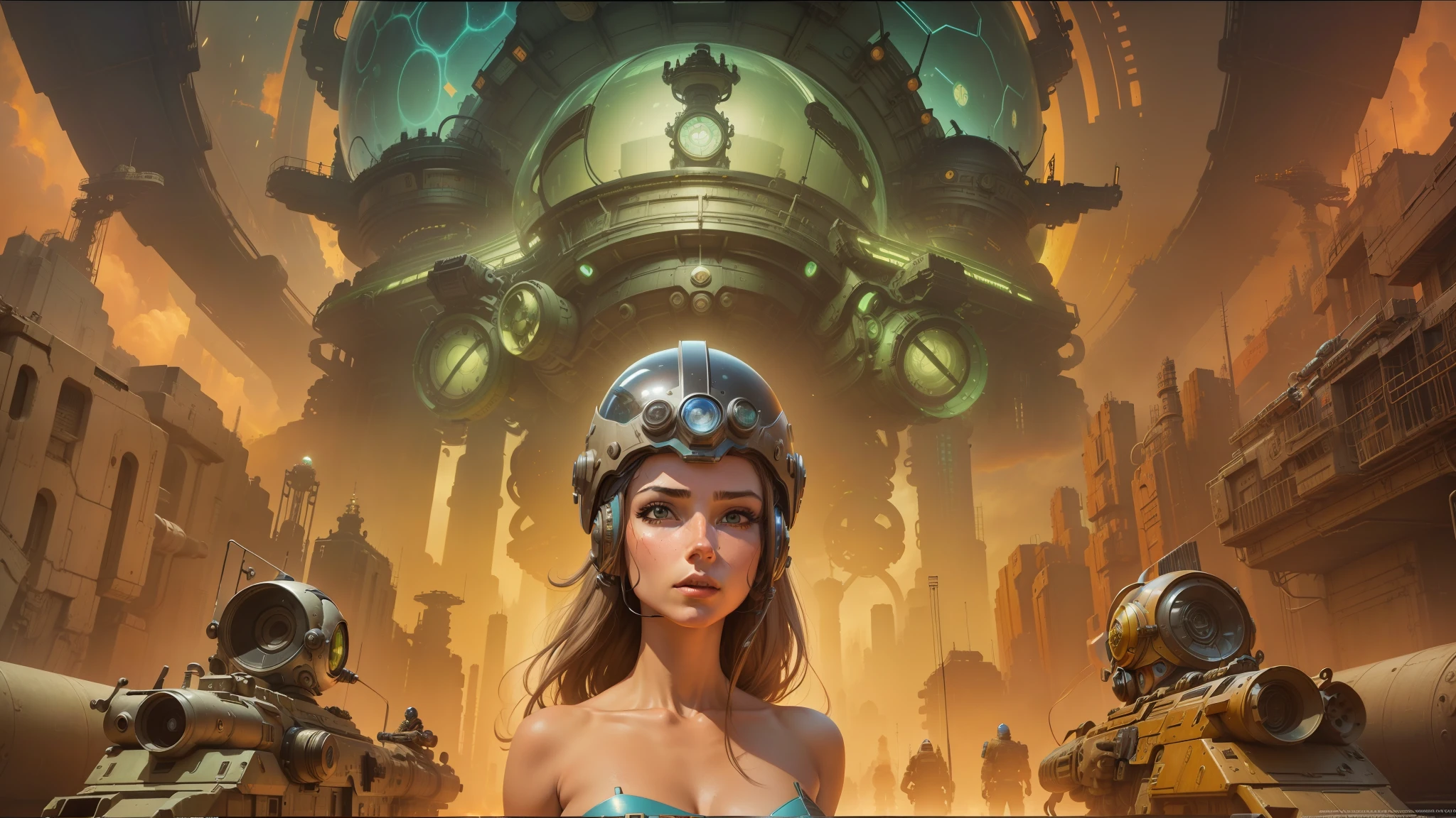 arafed image of a woman in a helmet and a helmet with guns, les edwards poster art, dense hypermaximalist metropolis, trending on artstarion, widescreen shot, inspired by Otto Pilny, reactor core, rendering of beauty pageant, inspired by Donato Giancola, silent running, 2 0 2 0 s promotional art --auto --s2