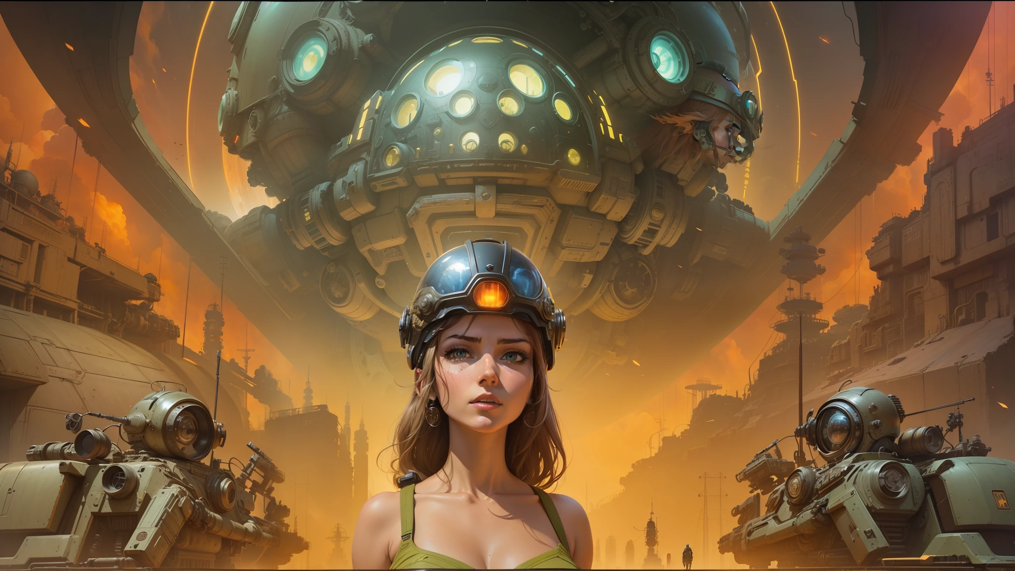 arafed image of a woman in a helmet and a helmet with guns, les edwards poster art, dense hypermaximalist metropolis, trending on artstarion, widescreen shot, inspired by Otto Pilny, reactor core, rendering of beauty pageant, inspired by Donato Giancola, silent running, 2 0 2 0 s promotional art --auto --s2