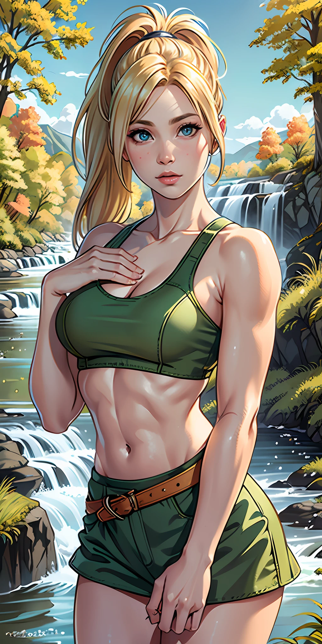 (original), (very detailed wallpaper), (best quality), (masterpiece), photographic reality, realistic, very detailed illustrations, (1 girl), she is Rikku, beautiful eyes, (delicate face), perfect details, (best lighting), (super complex details), (hills with trees and stream detailed background), perfect details, perfect fingers, perfect limbs, (shiny skin), abdomen, muscles, waist, messy blond hair with ponytail and bangs, 4K unified, (super detailed CG: 1.2), (8K: 1.2), realistic, octane rendering, in a cute pose in the wind