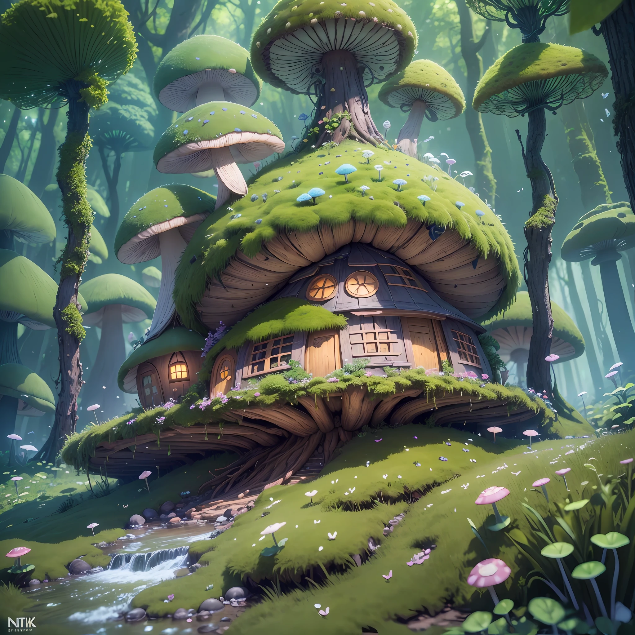mastery, best quality, (extremely detailed CG unity 8k wallpaper), (best quality), (best illustration), (best shadow), (mushroom house covered with moss),(((Fantasy))),((( spirit ))), (((dew))), (timbo), (creek), firefly, clover, wtarlight around the room, petals, isometric 3D, octane rendering, ray tracing, super detailed, --auto --s2