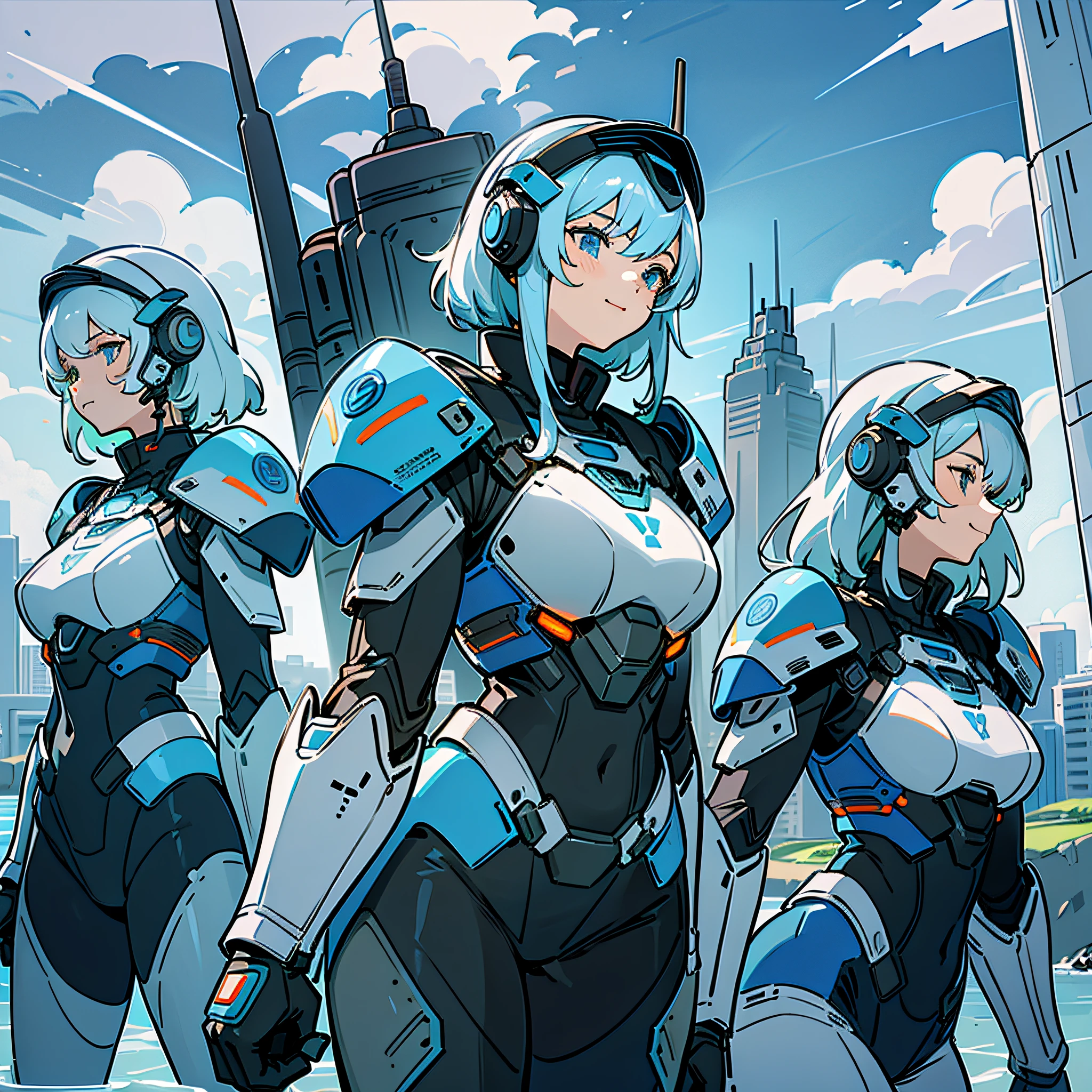 (best quality, masterpiece, extremely detailed), female soldiers in formation, blue futuristic light military armor, blue military helmet, happy faces, futuristic coastal city, clear sky, lighting, dynamic poses, near shore,