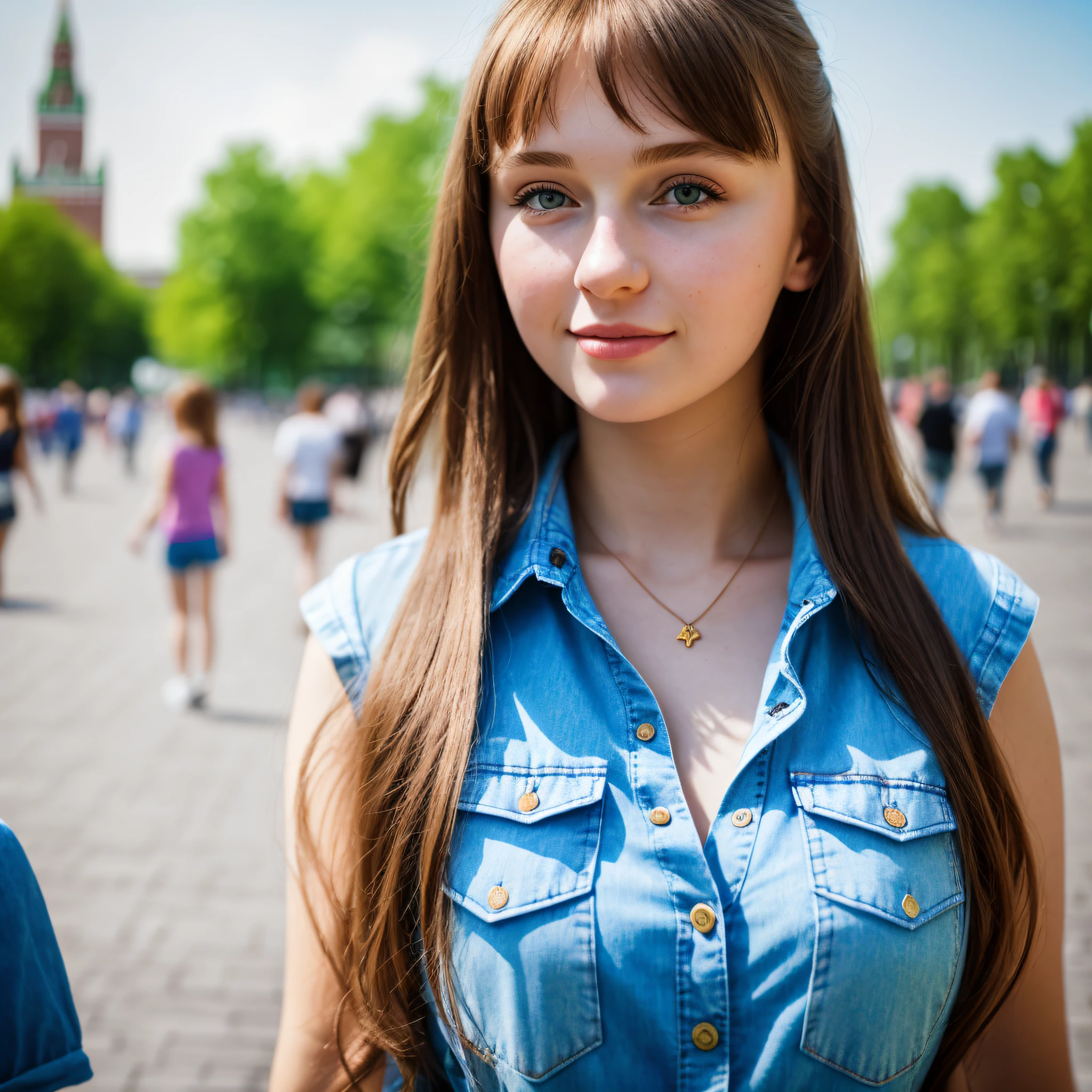 one beautiful Russian student, in summer clothes, looking at the viewer, in Moscow, portrait, hyper-detailed POV, nikon d850, film, rich colors, hyper-realistic, realistic texture, spectacular lighting,