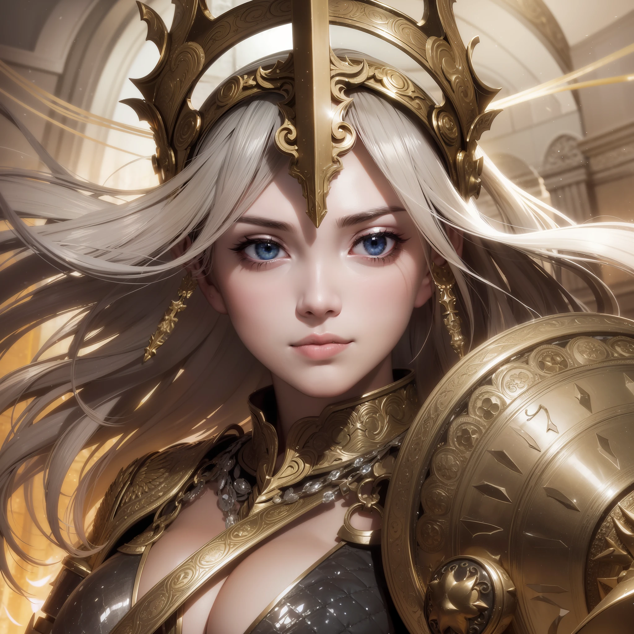 Illustration, woman, cinematic light, highest quality, ultra detailed realism, detailed face, detailed eyes, best quality, hyper detailed, masterpiece, On the battlefield, a woman in heavy and detailed armor, She is dressed in a heavy armor that glitters in the sunlight, every detail meticulously worked. Every piece of your armor is made to protect and display your strength. A steel crown adorns his head, showing his position of leadership, His eyes, fixed with an unwavering determination, shine through the openings of the visor, conveying a formidable intensity, An imposing breastplate embraces his torso, made of intertwined metal plates The glow of the armor reflects, His shoulders are protected by solid, ornate shoulder pads, which extend to the muscular arms covered by chainmail, war environment, angels, sun rays, chaotic fields, smokes, light environment, celestial yellow orange tones