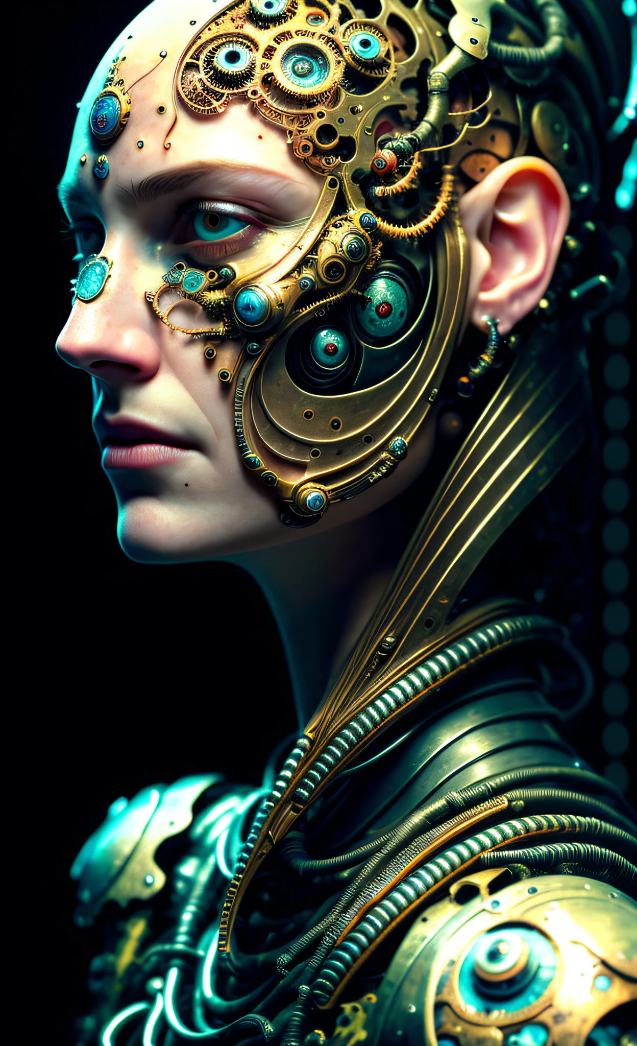 a biomechanical female face, intricate, very finely detailed, finely detailed face tattoos, floating on a dystopian planet, cyberpunk style, HR Giger:1.2, melancholy, cyborg, android ai, neon background, photorealism, hyperrealism, highly detailed, arts station, concept art, illustration, soft, sharp focus, Artgerm, Greg rutkowski, masterpiece