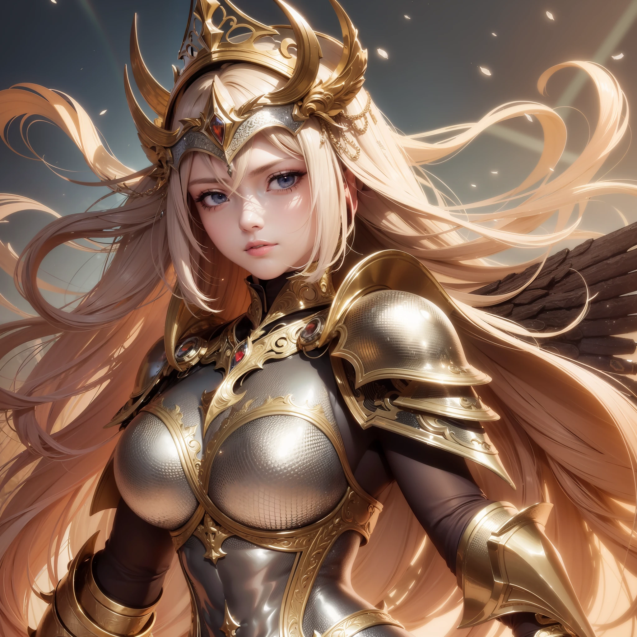 Illustration, woman, cinematic light, highest quality, ultra detailed realism, detailed face, detailed eyes, best quality, hyper detailed, masterpiece, On the battlefield, a woman in heavy and detailed armor, She is dressed in a heavy armor that glitters in the sunlight, every detail meticulously worked. Every piece of your armor is made to protect and display your strength. A steel crown adorns his head, showing his position of leadership, His eyes, fixed with an unwavering determination, shine through the openings of the visor, conveying a formidable intensity, An imposing breastplate embraces his torso, made of intertwined metal plates The glow of the armor reflects, His shoulders are protected by solid, ornate shoulder pads, which extend to the muscular arms covered by chainmail, war environment, angels, sun rays, chaotic fields, smokes, light environment, celestial yellow orange tones