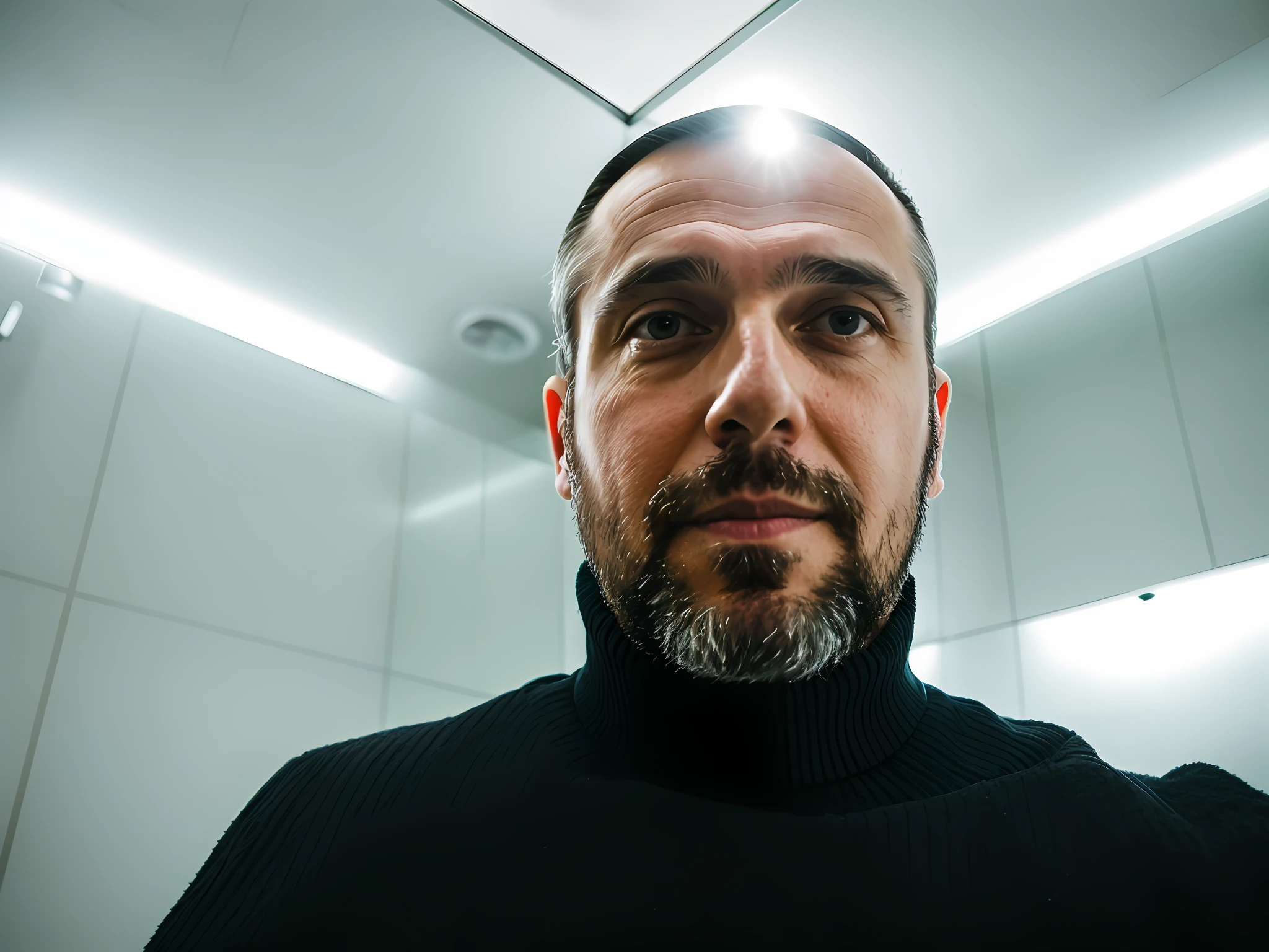 There is a man who is standing in a bathroom with a tie, selfie photography 8k, (38 years), men 40 years, man 5 0 years, selfie of a man, 4 0 years man, andrei riabovitchevy, emanuele dascanio, photo of a man, portrait shot 8k