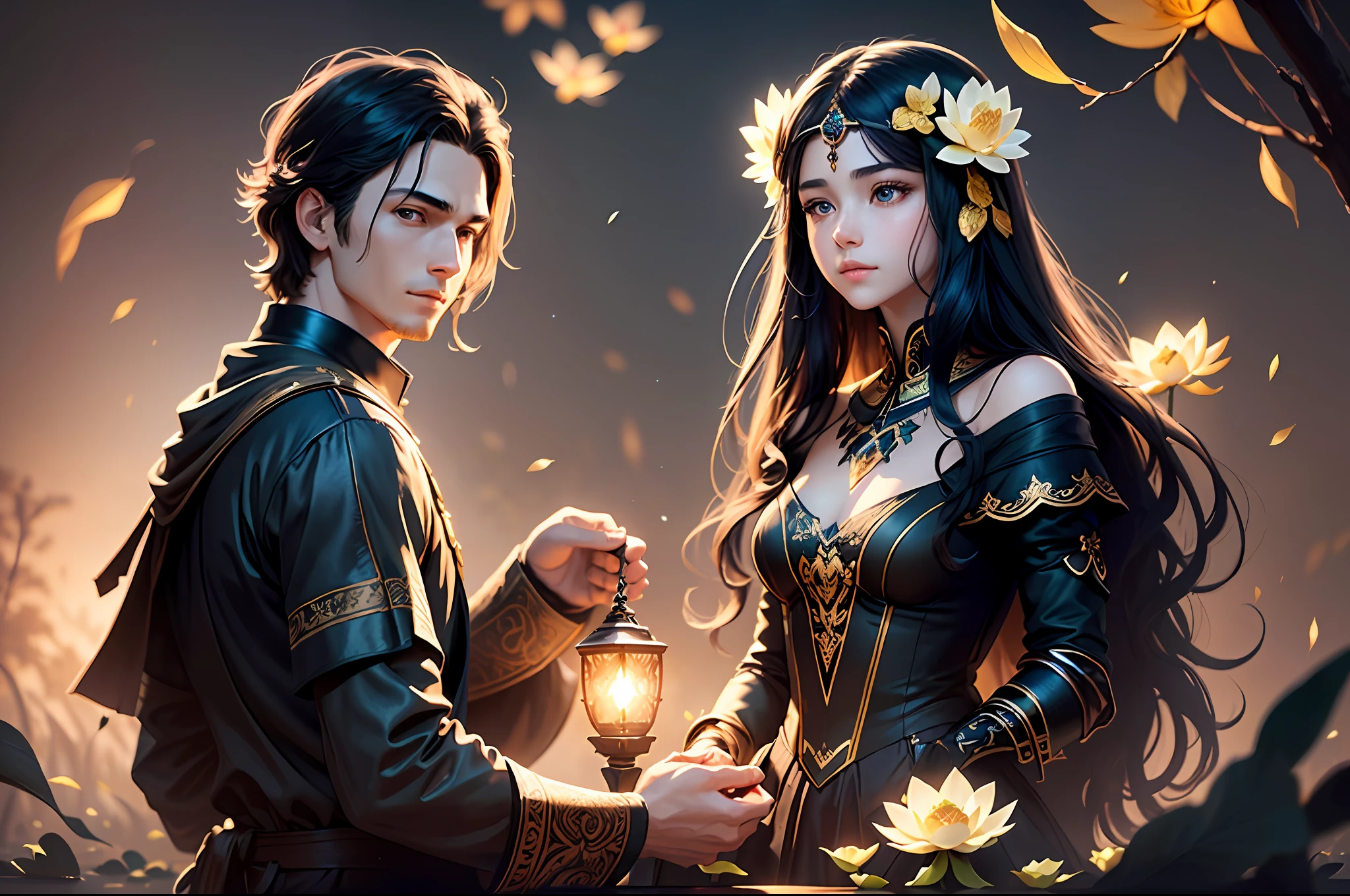 Masterpiece, Best Quality, (Very Detailed CG Unity 8k Wallpaper), (Best Quality), (Best Illustration), (Best Shadows), Absurd, Realistic Lighting, (Abyss), Beautiful Detailed Glow, Peter Mohr Beighter's art, masterpiece, best quality, (very detailed CG unified 8k wallpaper), (best quality), (best illustration), (best shadow), ultra-detailed, "They are an ancient couple, | The boy is tall, broad shoulders and strong arms, his face is well-defined, handsome, and his eyes are deep and clear. The whole person looks calm and restrained. | The girl has a graceful figure, smart and beautiful, and her big eyes and long black hair make her look extremely charming. The hem of the dress and the hem of the skirt flutter in the wind. They came to a lotus pond, and the lotus flowers glowed faintly golden in the moonlight, which was very beautiful. "Digital Art, trending artstation, 4K, high detail, cinematic lighting, intricate, high detail, sharp-focused, dramatic, realistic
