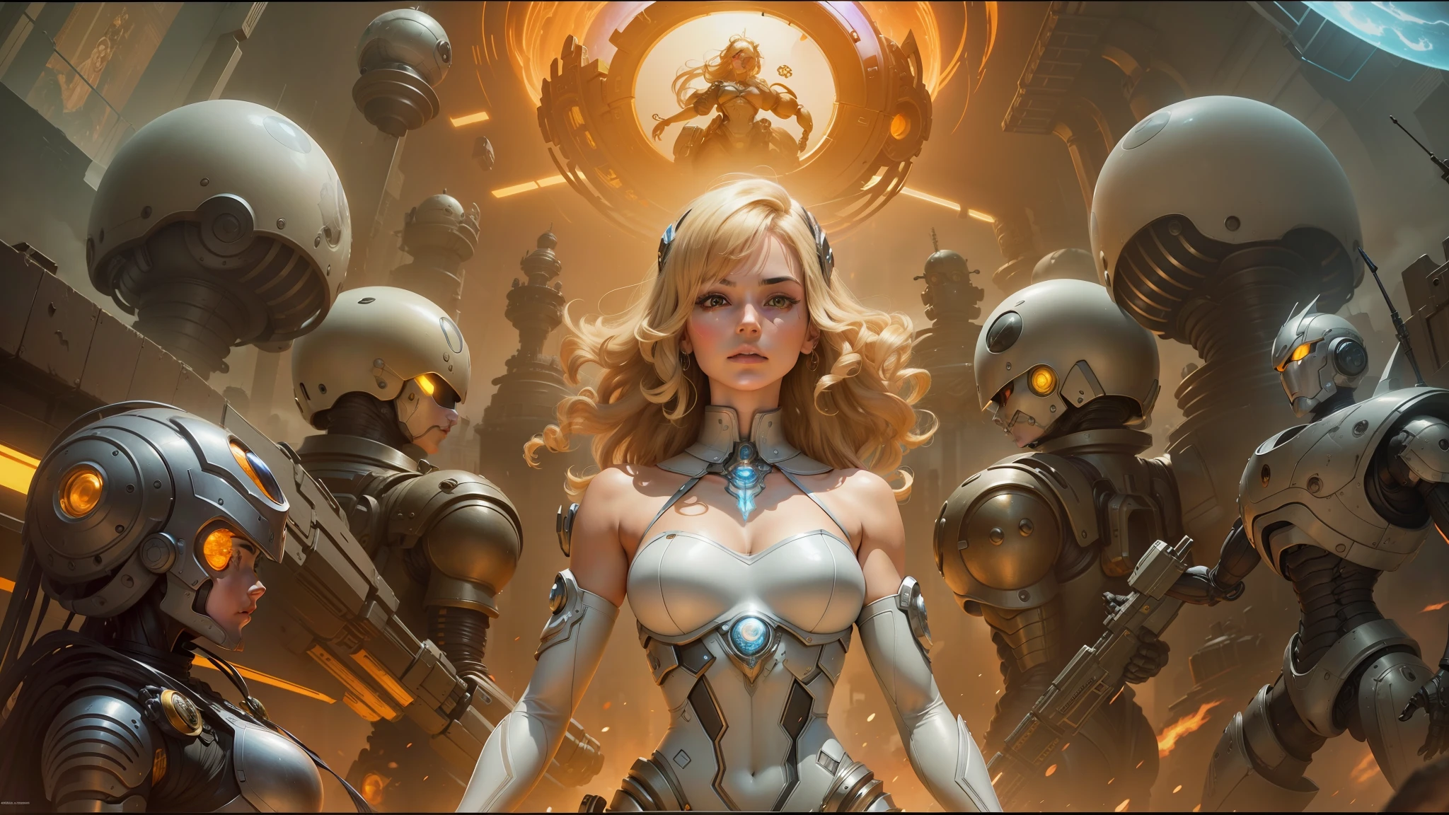arafed image of a woman standing in front of a group of robots, hyper - detailed visionary art, movie promotional art, tony sart and an anime artist, 1990 video game screenshot, blonde woman, youtube thumbnail, venus effect, james jean aesthetic, 2 0 5 0 s, bluray image, breathtaking digital art, by Don Maitz, armor --auto --s2