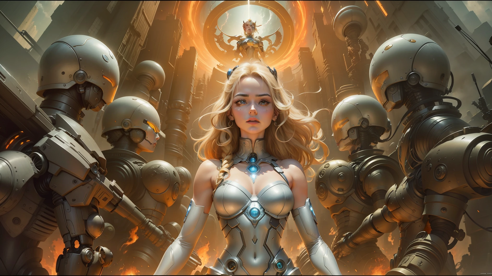 arafed image of a woman standing in front of a group of robots, hyper - detailed visionary art, movie promotional art, tony sart and an anime artist, 1990 video game screenshot, blonde woman, youtube thumbnail, venus effect, james jean aesthetic, 2 0 5 0 s, bluray image, breathtaking digital art, by Don Maitz, armor --auto --s2