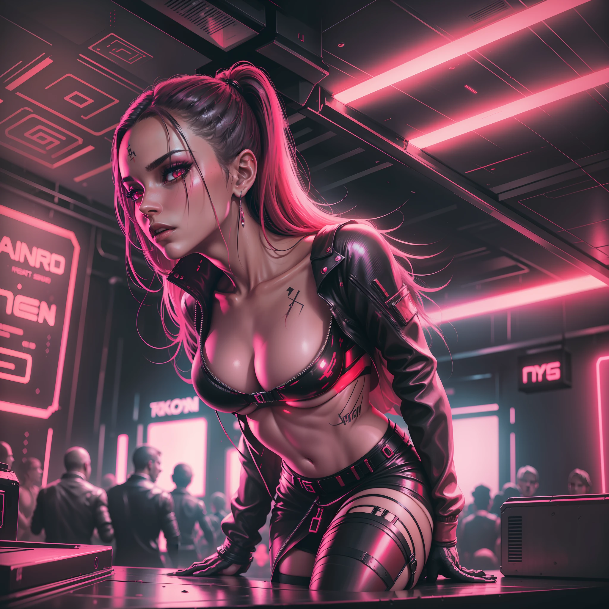 there is a beautiful women standing in a rave club, with a red light, red and cinematic lighting, cinematic red lighting, inspired by cyberpunk2077, cyberpunk lighting, cyberpunk with neon lighting, altered carbon style, seductive cyberpunk dark fantasy, neons, colors, more red colour