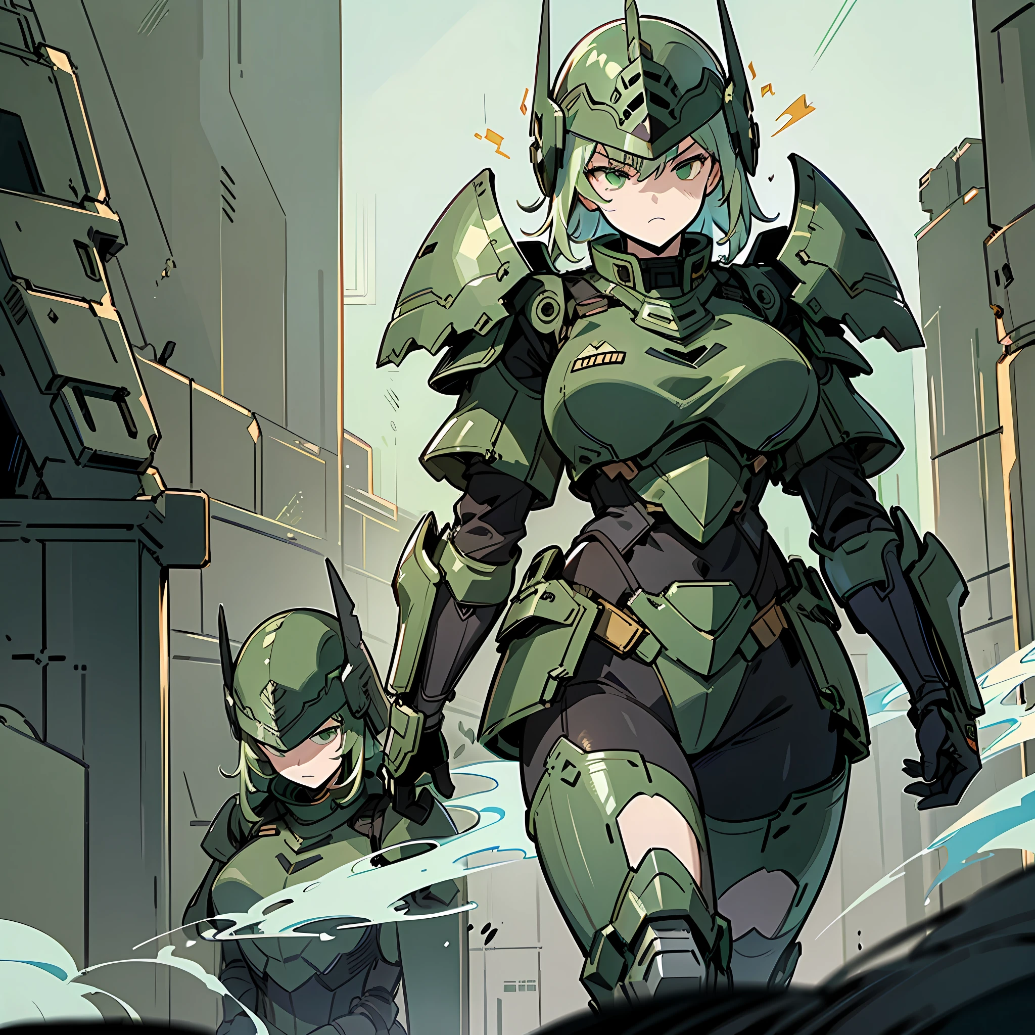 (best quality, masterpiece, extremely detailed), female soldiers in formation, dark green imperial heavy military armor, green heavy military helmet, serious faces, burning futuristic city, warzone, smoke, lighting, grim dark, dynamic poses, badass,