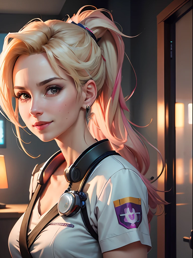 (masterpiece), (best quality) ,(portrait), (cg), (vibrant colors), mercy, high ponytail, doctor scrubs, smile, blush, /(overwatch/), double exposure, cinematic lighting. --auto --s2