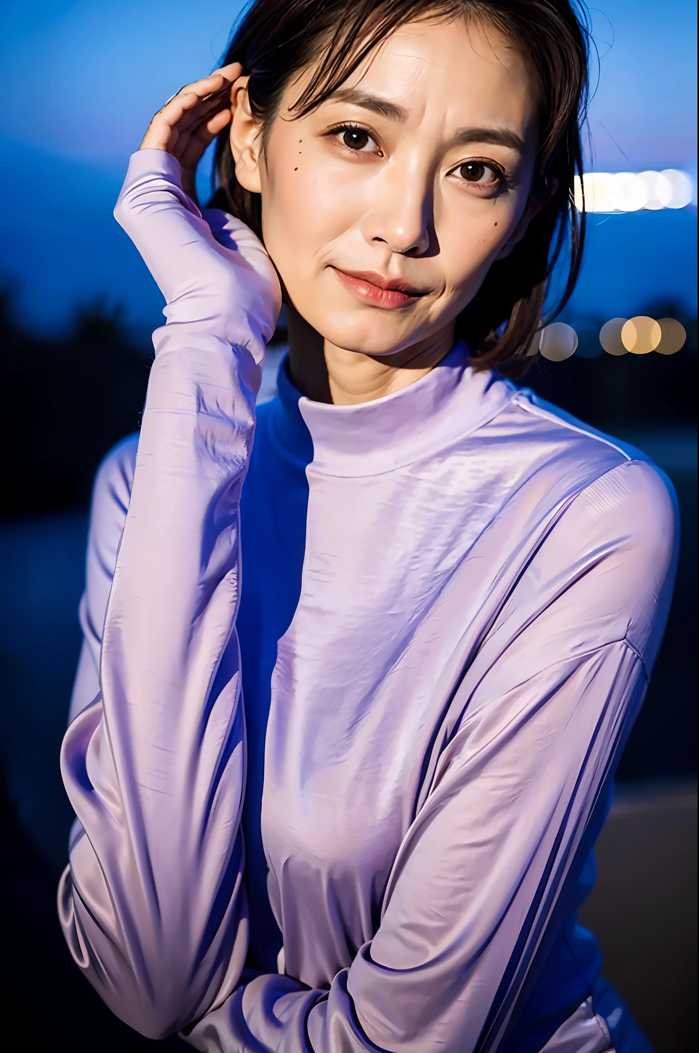 One old woman, fair skin, model, night view, about 60 years old, long sleeves, face full of wrinkles